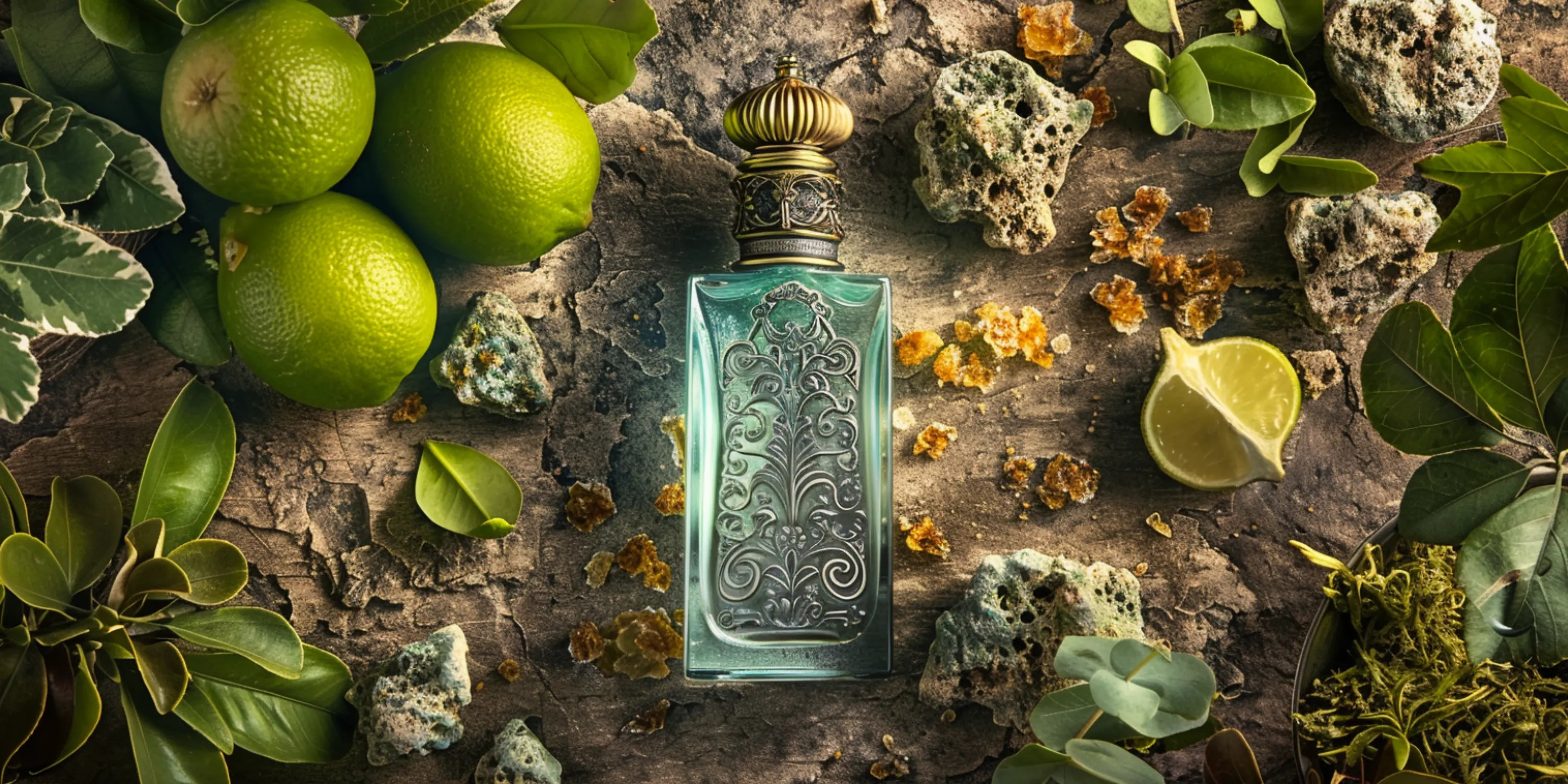 Verzierter Parfümflakon zwischen Limetten, Eichenmoos und Steinflechten – Chypre Parfüme