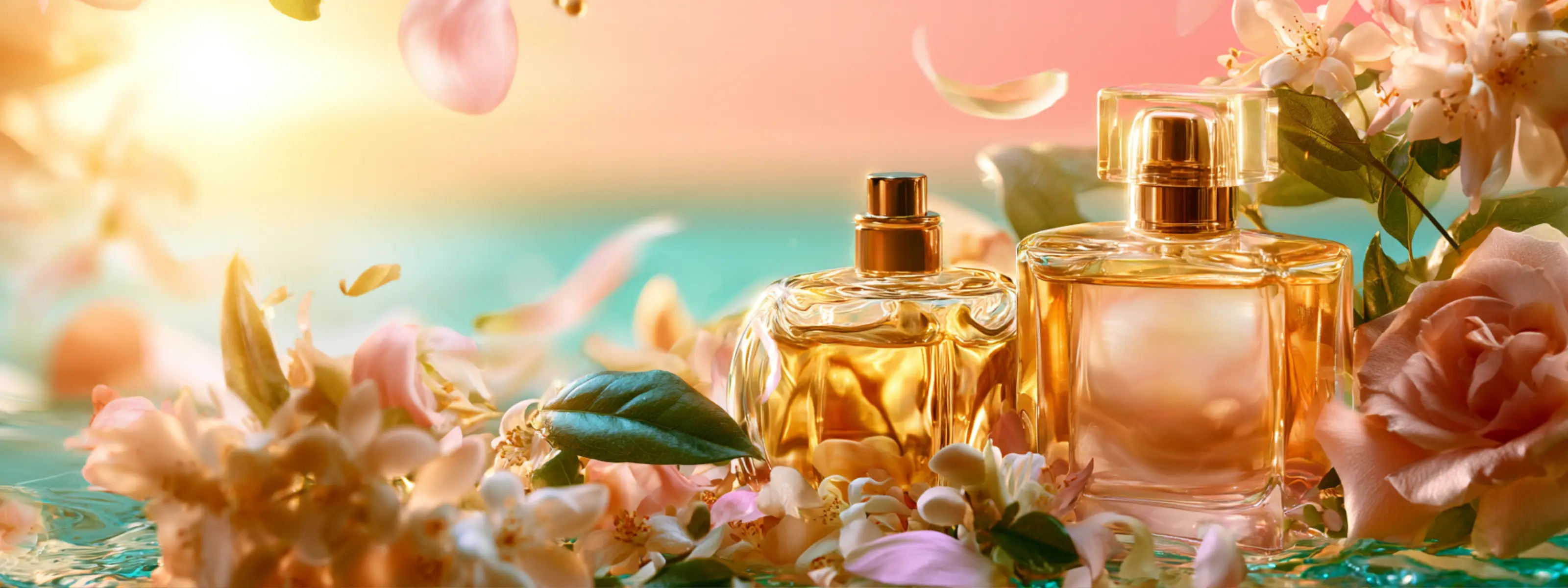 Sommerparfüms bei Oriental-Style mit goldenen Flakons, Blüten und türkisfarbenen Sommerreflexen für frische Düfte an warmen Tagen