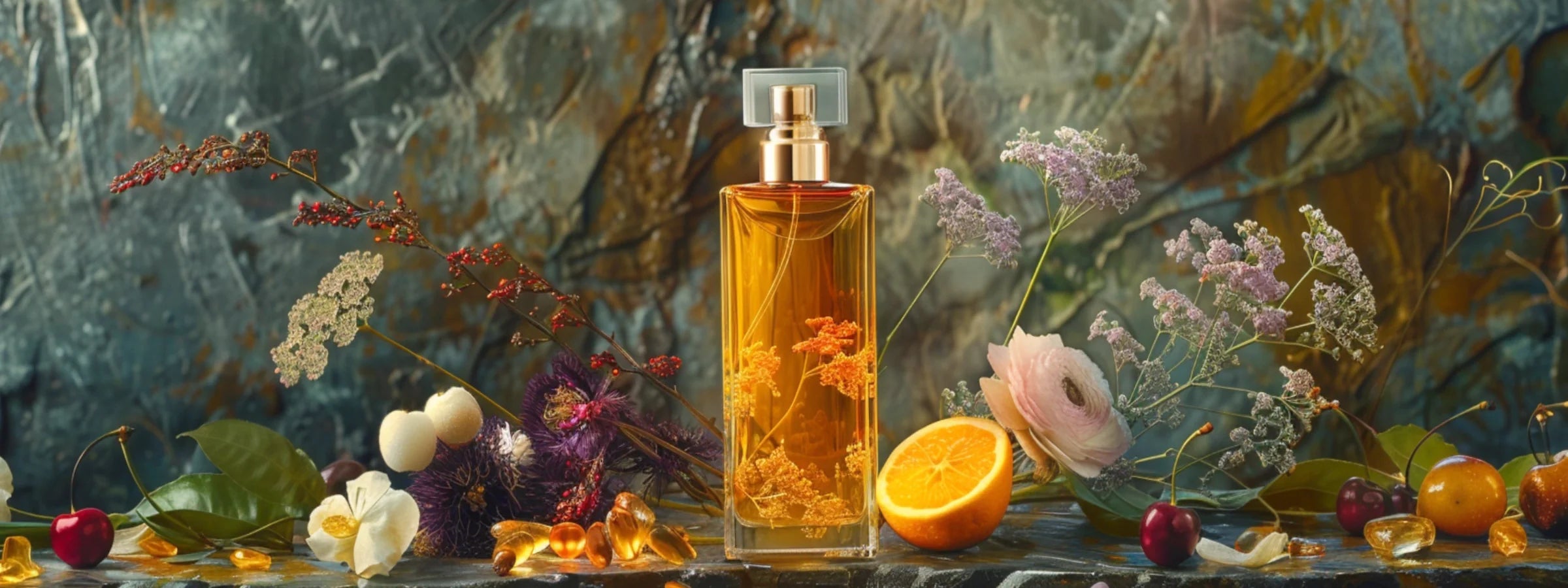 Parfümflakon zwischen Kirschen, Orange und getrockneten Blüten vor rustikalem Steinhintergrund – Parfümspray