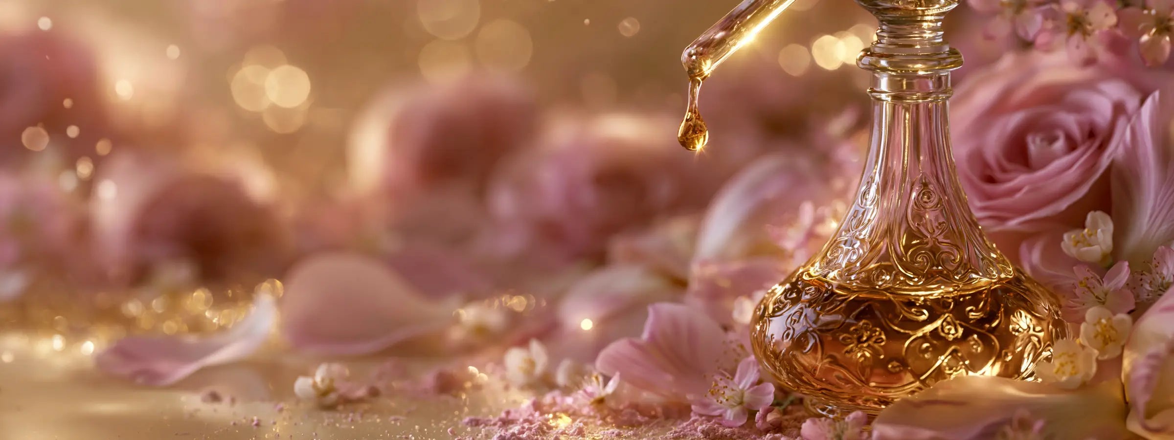 Parfümöle für Frauen und Attar-Düfte mit orientalischem Glasflakon, goldenem Duftöl-Tropfen, Rosen, Irisblüten und pudriger Eleganz – Oriental-Style.