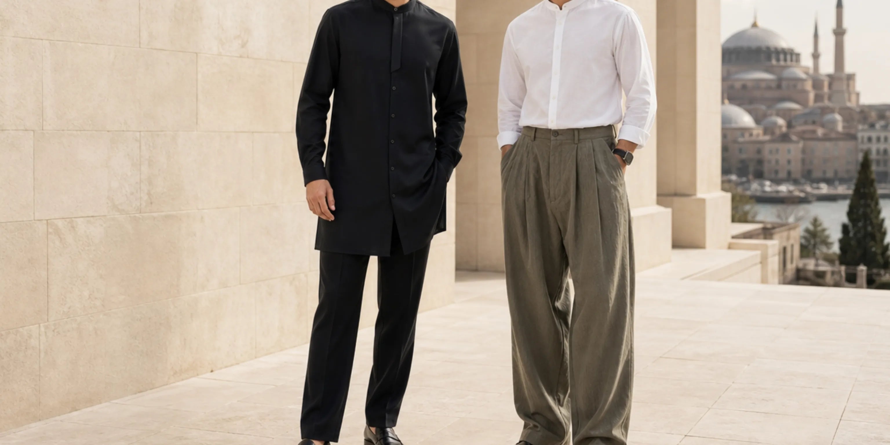 Zwei Männer in moderner türkischer Herrenmode mit Stehkragenhemd in Schwarz und Weiß sowie eleganter Hose vor orientalischer Architektur mit Moscheekulisse, Türkische Herrenkleidung Oriental-Style