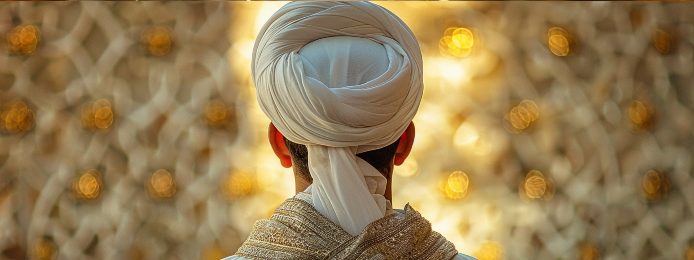 Mann von hinten mit traditionellem weißem Turban und bestickter Schulterschärpe vor goldschimmerndem orientalischem Hintergrund, Turban und Igal Kollektion Oriental-Style