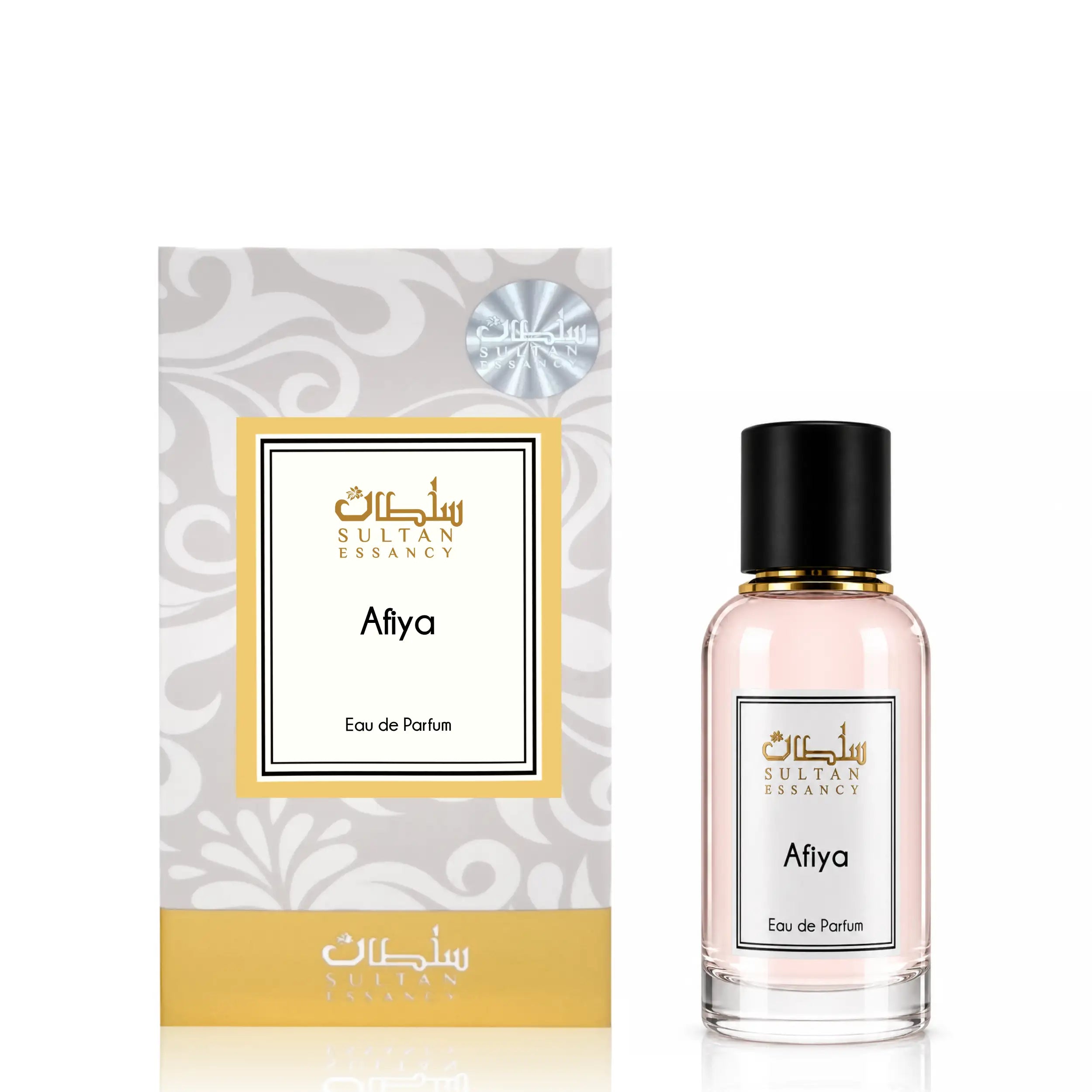 Afiya Eau de Parfum für Damen von Sultan Essancy mit Flakon und Verpackung – fruchtig-pudriger Duft mit Litschi, grünem Apfel und Pfingstrose