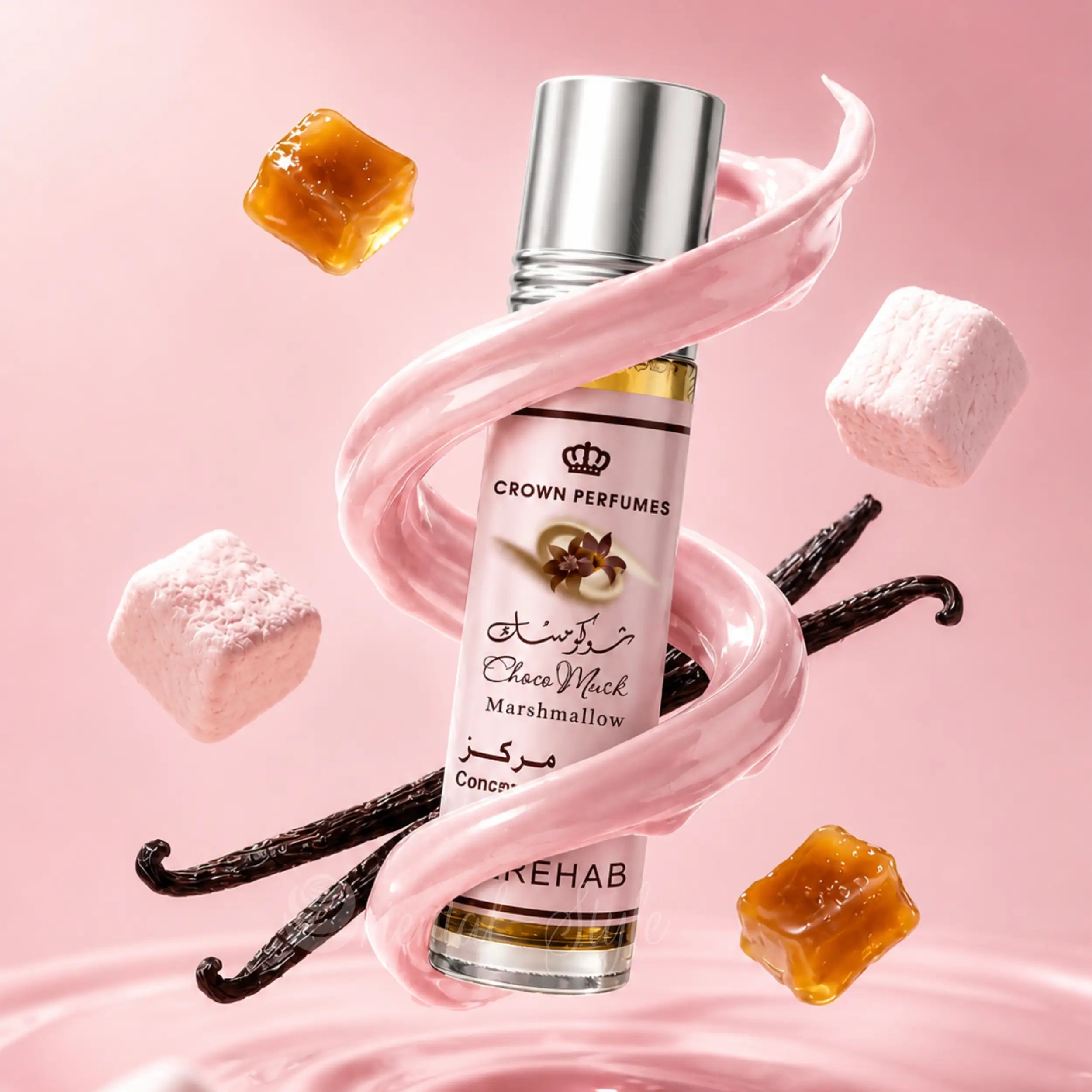 Al Rehab Choco Musk Marshmallow Parfümöl 6ml mit Marshmallow, Vanille, Erdbeere und Kakao auf rosa Gourmand-Hintergrund – Oriental-Style
