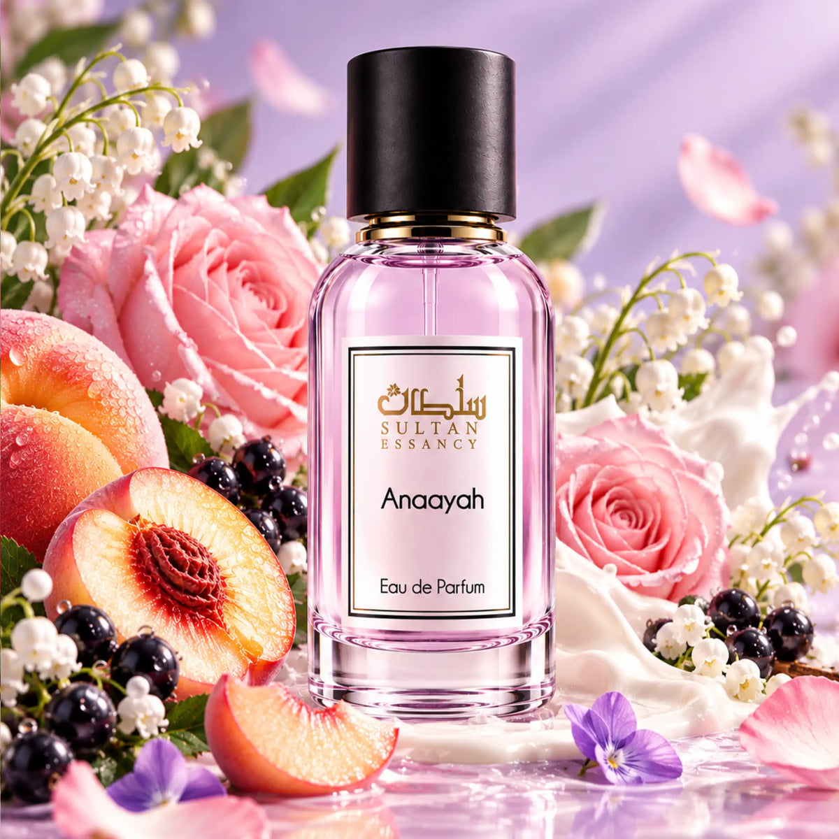 Anaayah von Sultan Essancy – Eau de Parfum für Damen mit Pfirsich, Rose, schwarzer Johannisbeere und cremiger Kokosmilch in helllila Duftszene