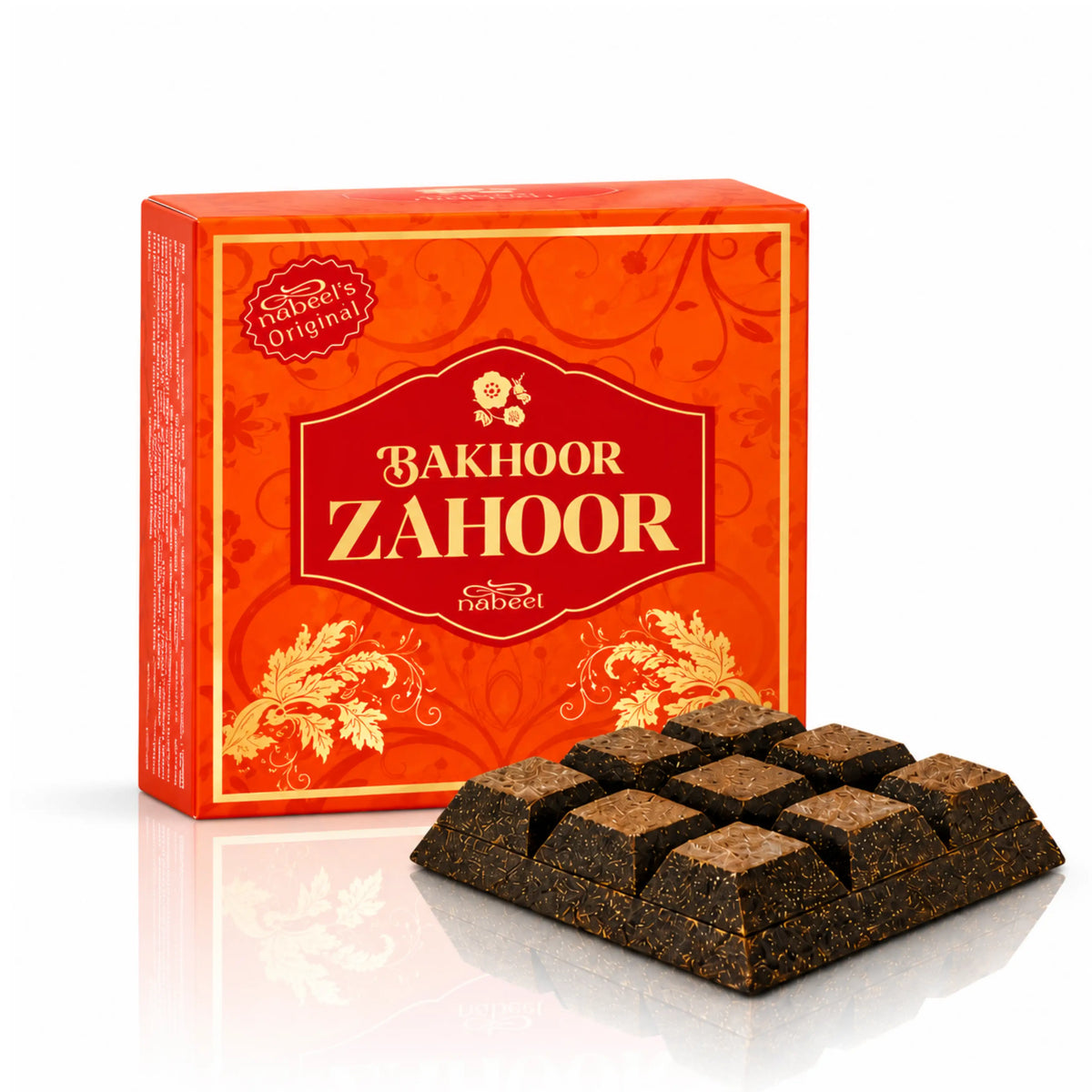 Bakhoor Zahoor von Nabeel – 40 g orientalisches Räucherwerk in orangefarbener Originalverpackung mit dunklen Bakhoor-Duftstücken auf weißem Hintergrund.