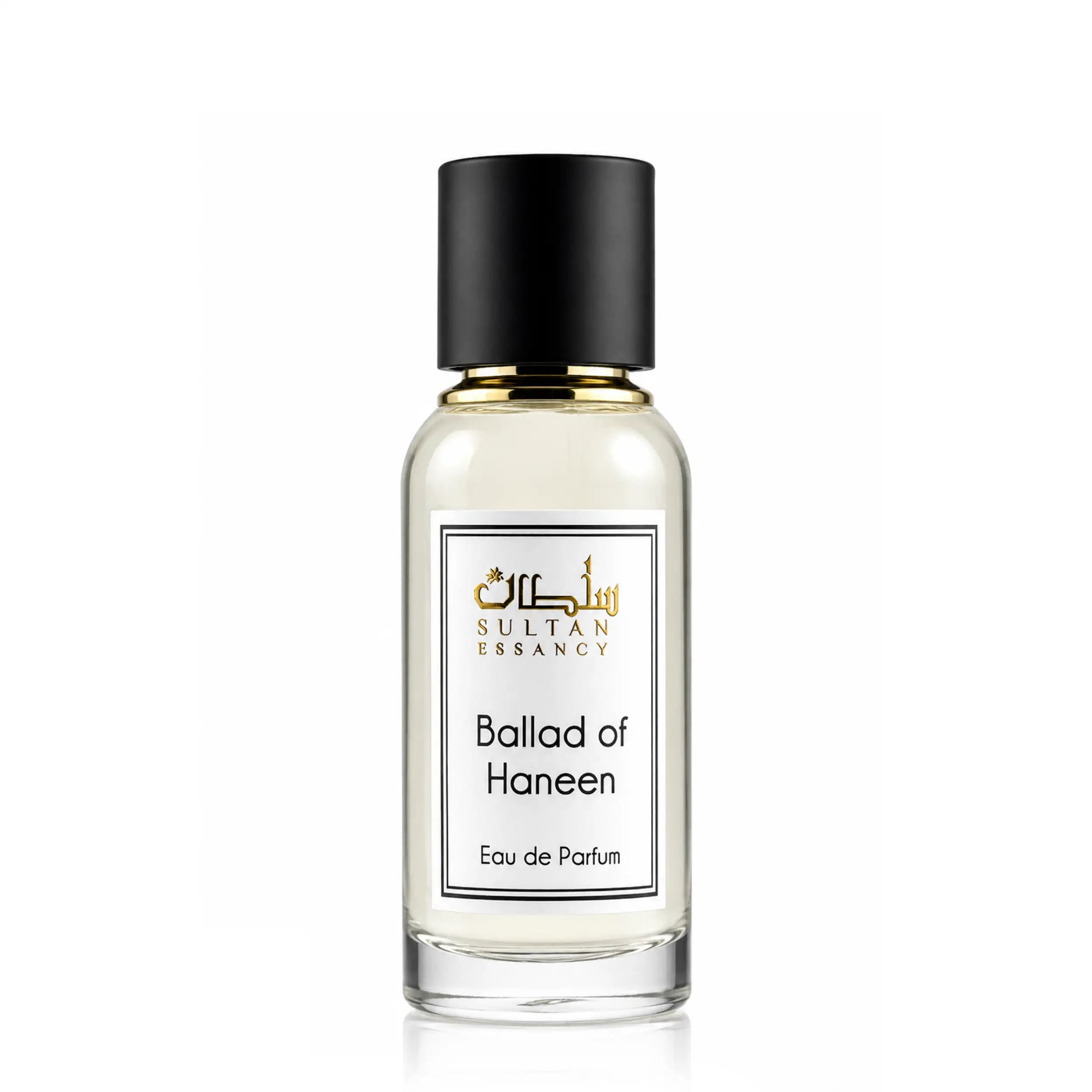 Ballad Al Haneen Eau de Parfum von Sultan Essancy im transparenten Glasflakon mit schwarzer Kappe auf reinweißem Hintergrund