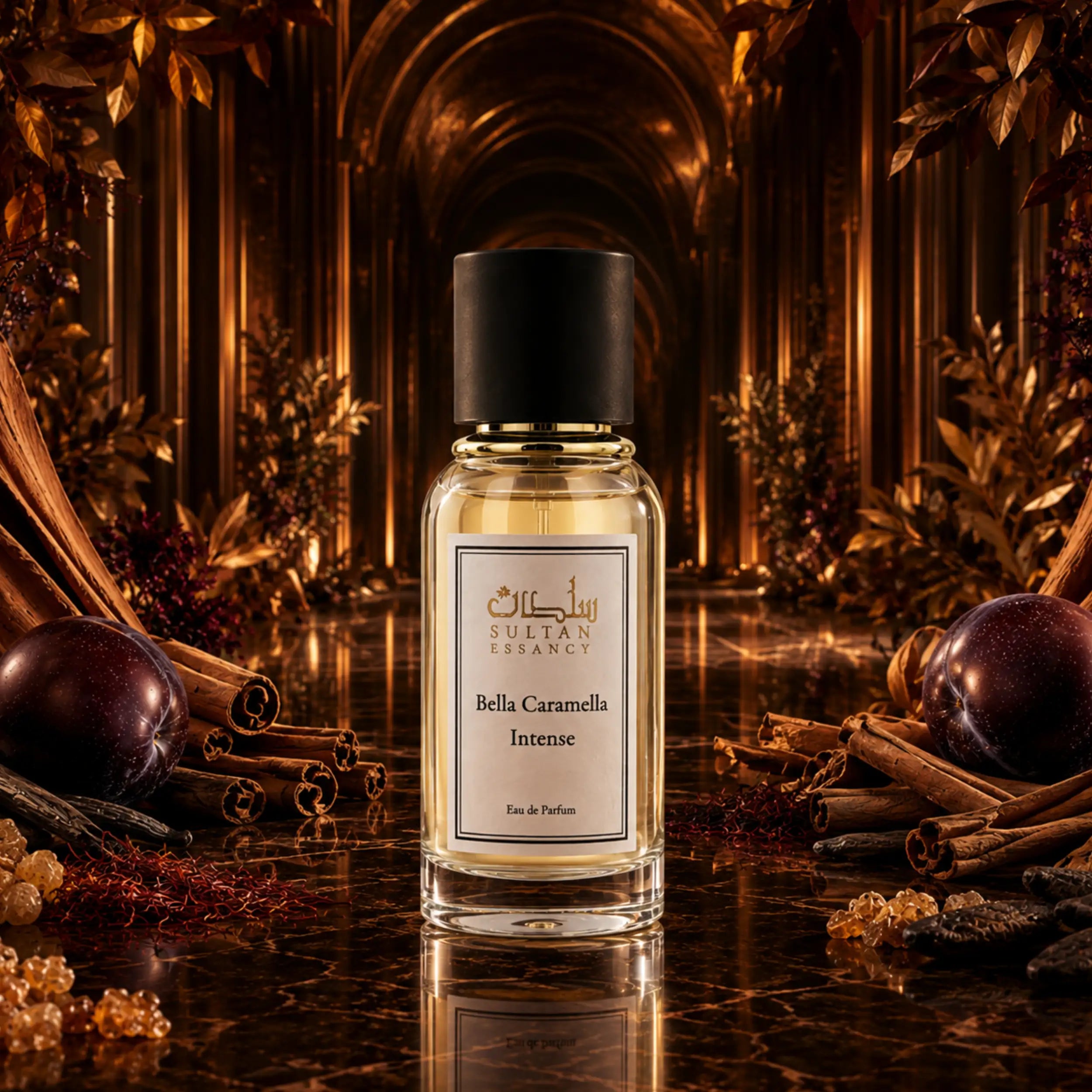 Bella Caramella Intense von Sultan Essancy – warmer Unisex-Duft mit Pflaume, Zimt, Safran und amberartigen Nuancen in luxuriöser Parfüm-Inszenierung.