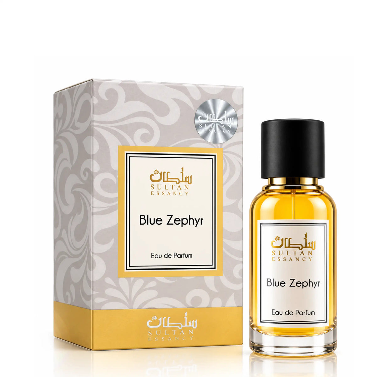Blue Zephyr Eau de Parfum von Sultan Essancy – goldgelber Parfümflakon mit schwarzem Deckel neben hellgrau gemusterter Verpackung mit goldenen Details.