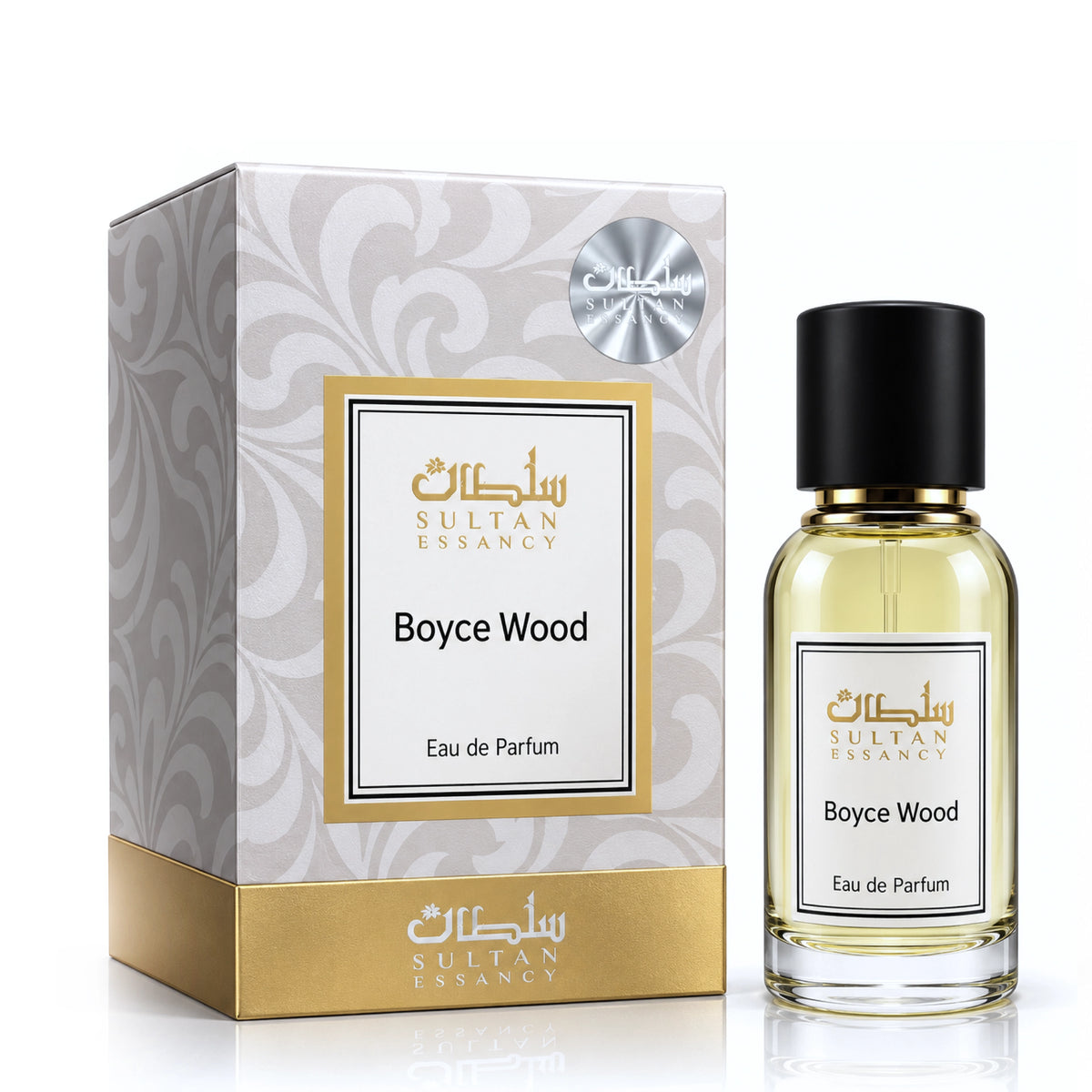 Boyce Wood von Sultan Essancy – Herren Eau de Parfum im goldgelben Glasflakon mit creme-goldener Verpackung