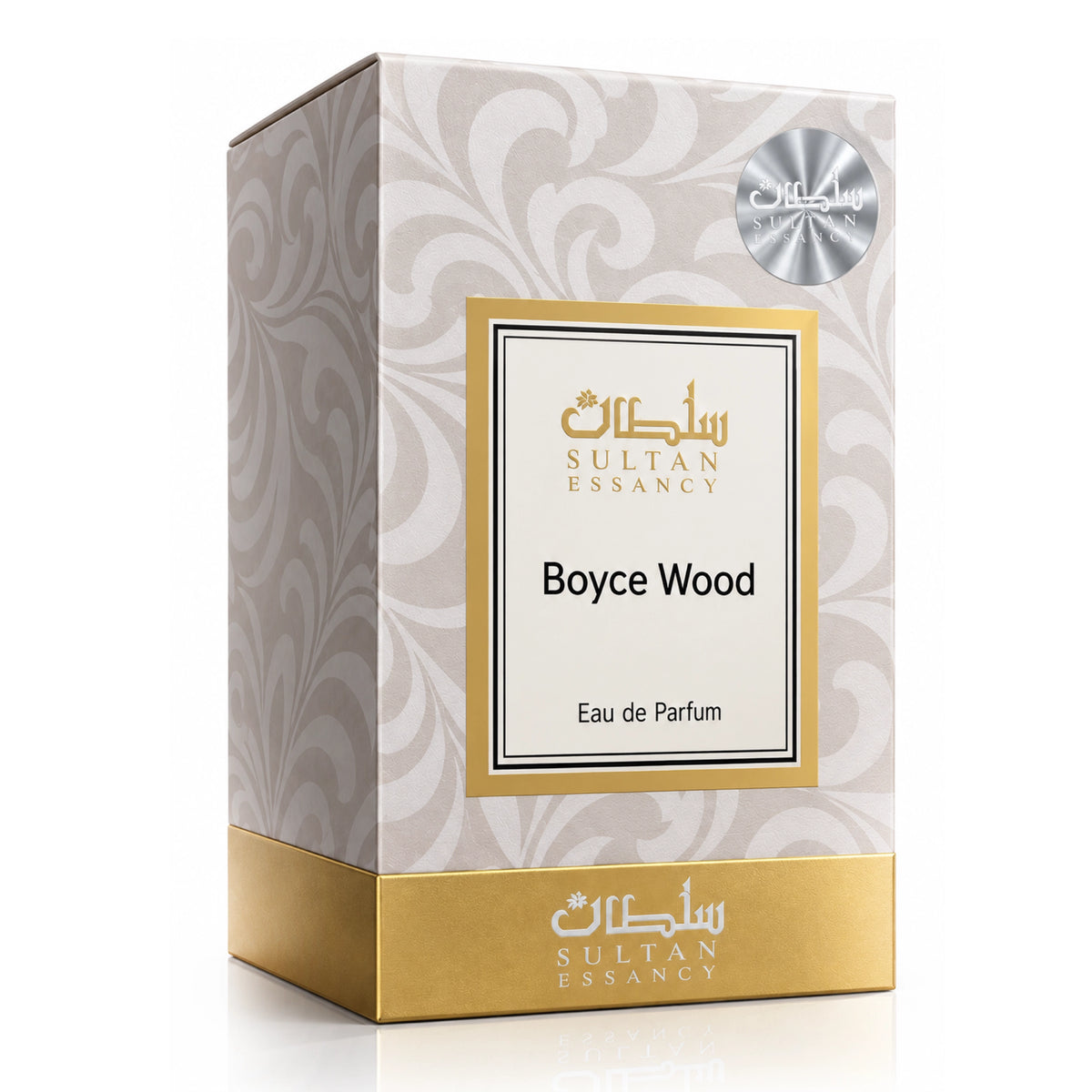 Verpackung von Boyce Wood von Sultan Essancy – Herren Eau de Parfum in creme-goldener Box mit silbernem Sultan Essancy Siegel