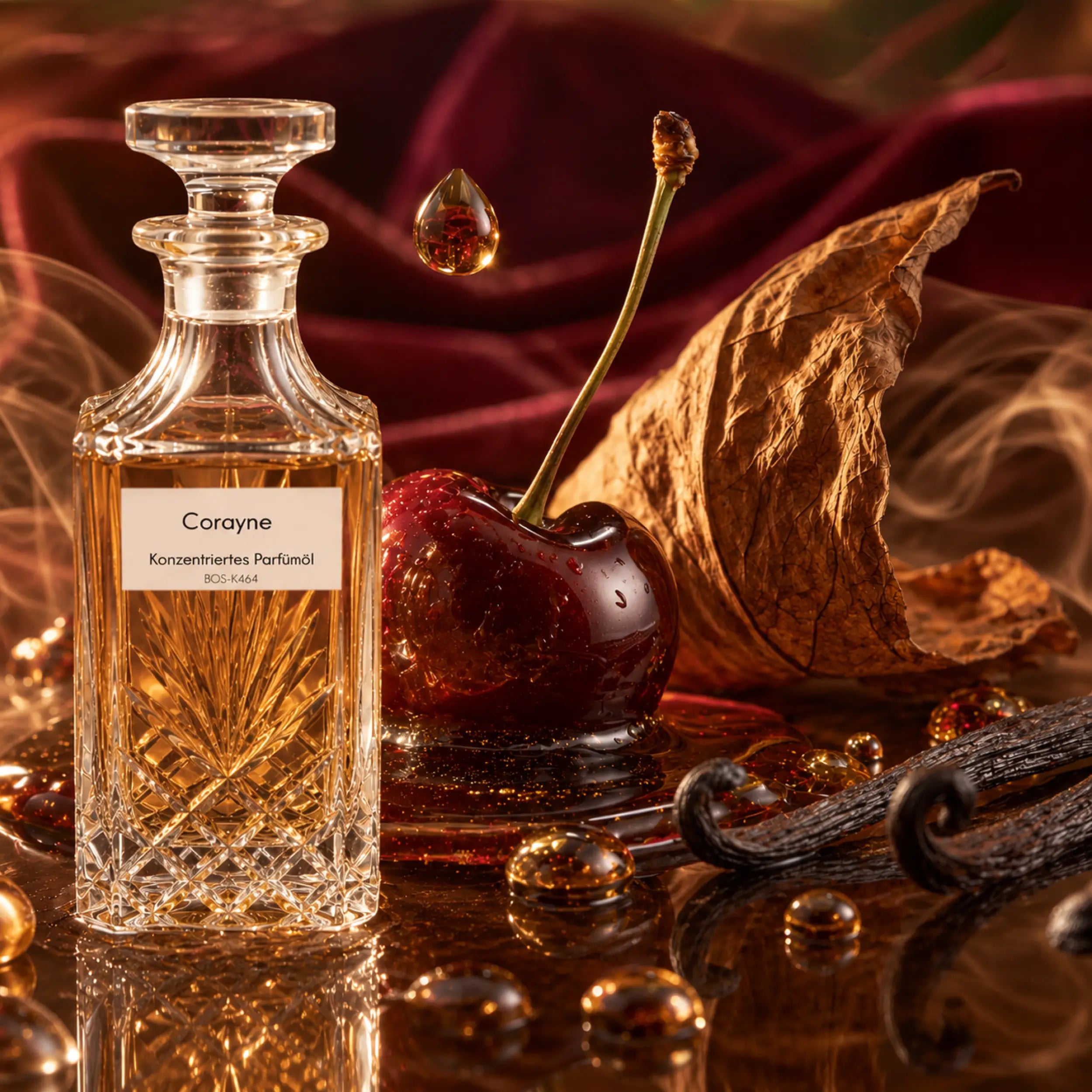 Corayne Parfümöl von Sultan Essancy als Unisex-Duftzwilling mit dunkler Kirsche, Cognac, Tabak, Vanille und Tonka in warmer luxuriöser Duftszene