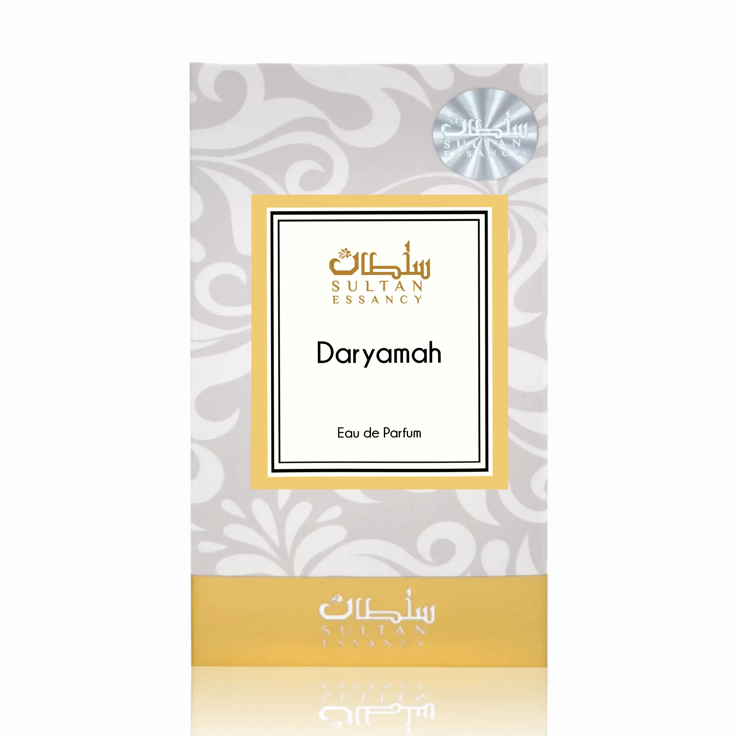 Verpackung von Daryamah Herren Eau de Parfum von Sultan Essancy – aromatische Duftalternative mit pudriger Iris, Lavendel, Safran und Vetiver