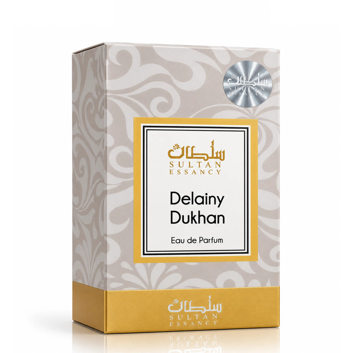 Delainy Dukhan Eau de Parfum von Sultan Essancy – elegante cremefarbene Parfümverpackung mit Ornamentmuster, goldenen Akzenten und silbernem Markensiegel in leichter Seitenansicht.