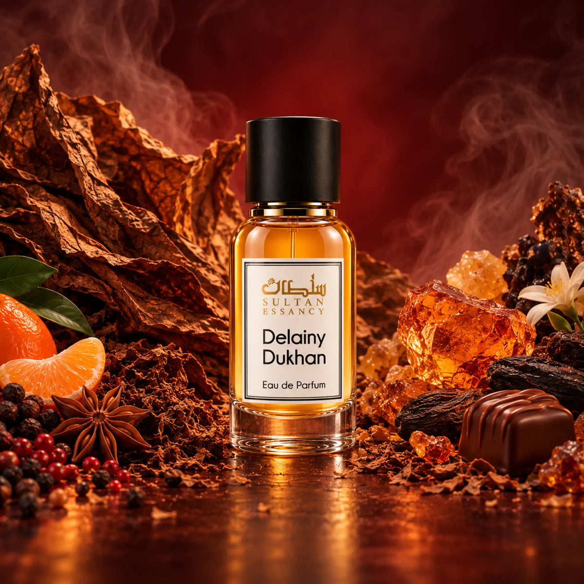 Delainy Dukhan Herrenparfüm-Flakon in Duftumgebung mit Tabak, Gewürzen, Praline, Tonka und Amber
