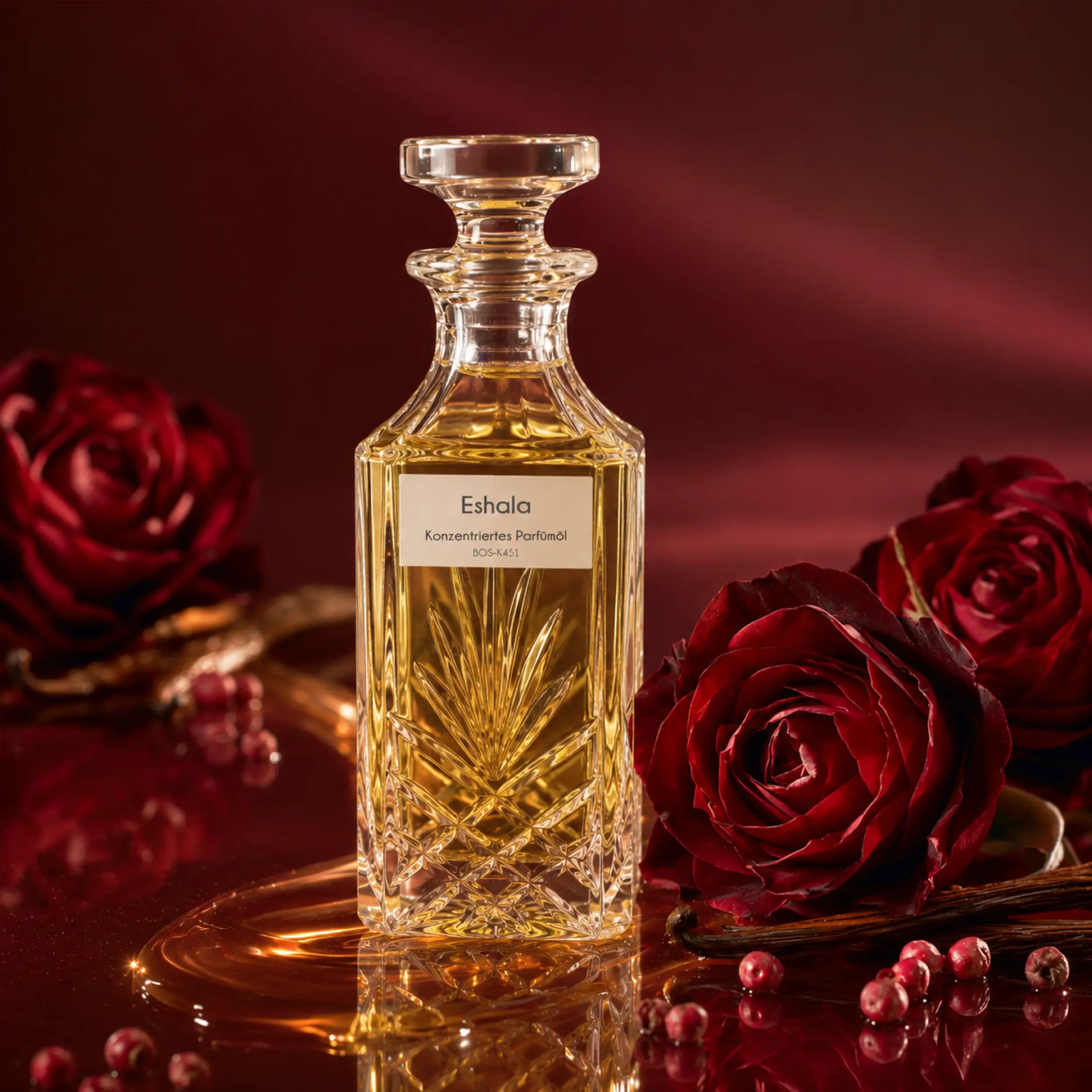 Eshala von Sultan Essancy Parfümöl in roter Duftkulisse, Rosen-Karamell-Duftzwilling mit Vanille, Tonkabohne und rosa Pfeffer für Damen und Herren