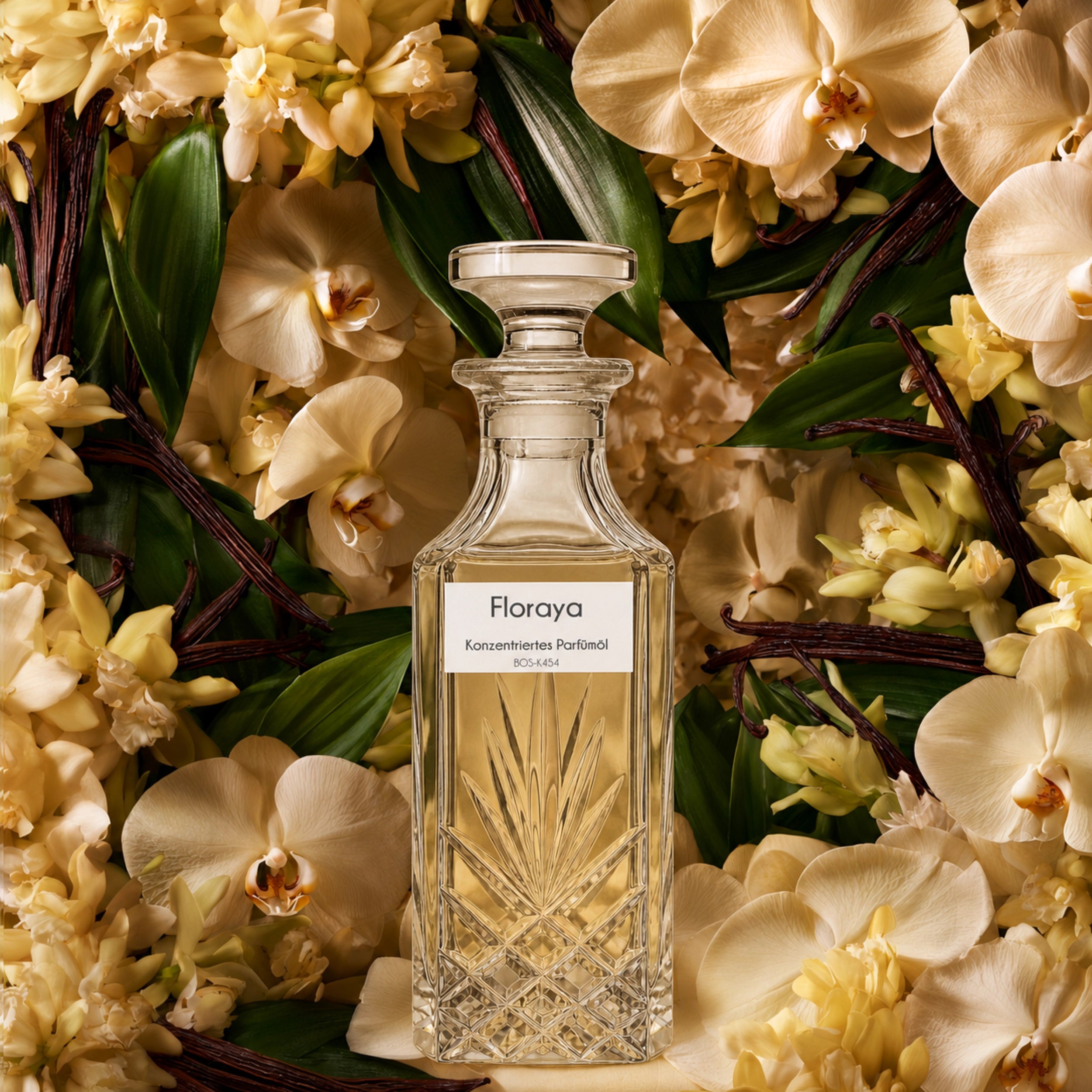 Floraya Parfümöl von Sultan Essancy im eleganten Glasflakon zwischen cremefarbenen Orchideen, Vanilleblüten und dunklen Vanilleschoten