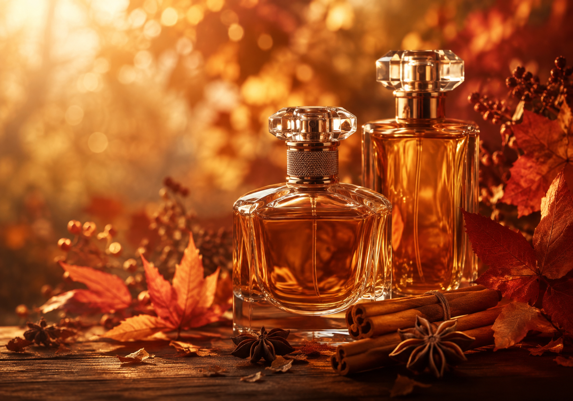 Herbstparfüm-Kampagne mit amberfarbenen Flakons, Zimt und Herbstlaub