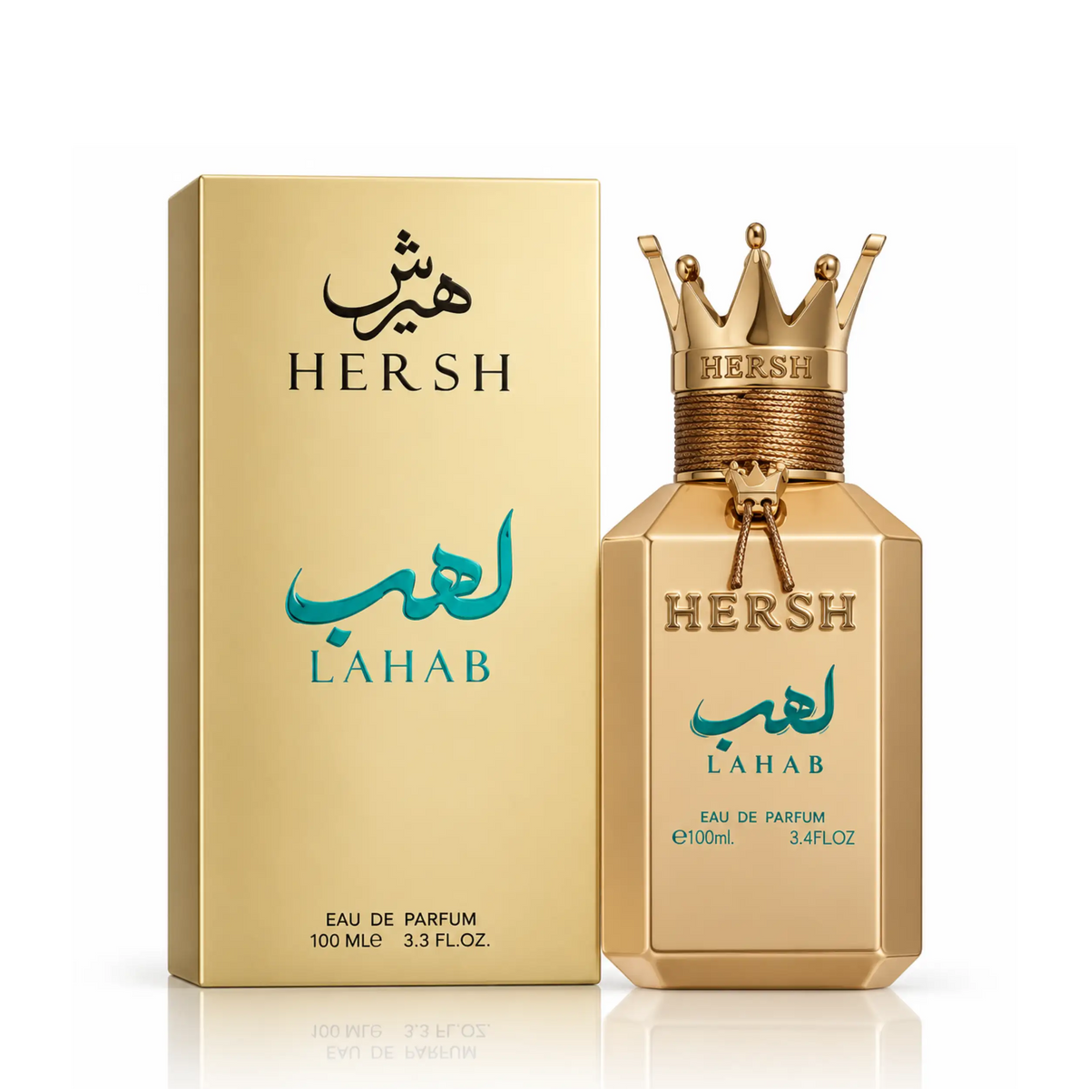 Hersh Lahab Eau de Parfum mit goldenem Flakon und passender Verpackung
