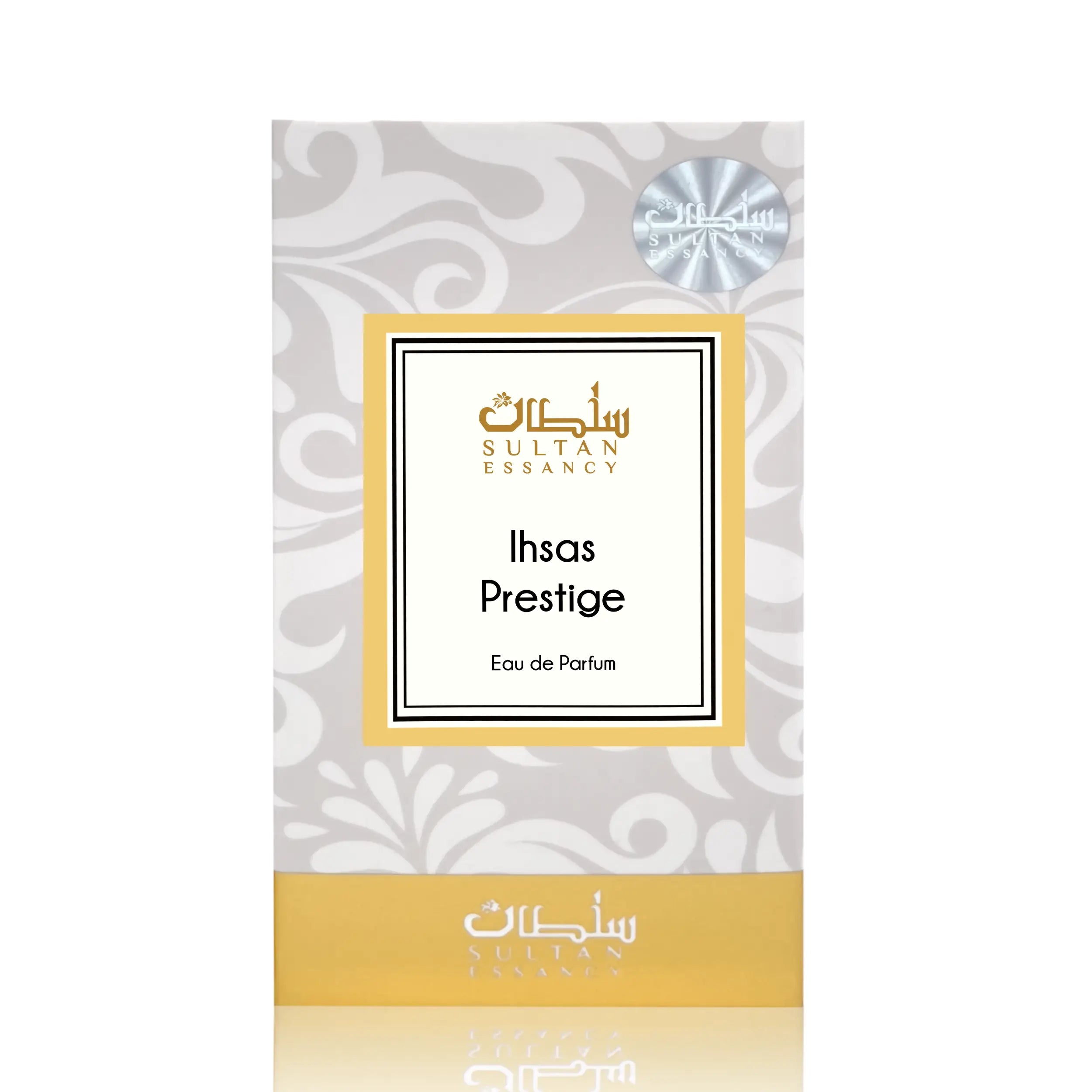Ihsas Prestige Verpackung von Sultan Essancy, Herrenparfum mit zitrisch-frischer Pomu Rose, aromatischer Geranienblüte, Moschus und warmem Amber