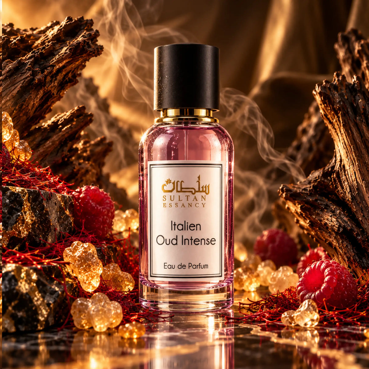 Italien Oud Intense von Sultan Essancy – orientalisches Eau de Parfum in Duftumgebung mit Oud, Himbeeren, Safran, Weihrauch und Leder