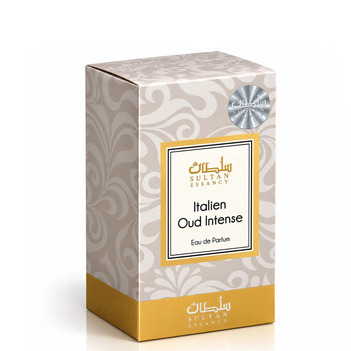 Italien Oud Intense Eau de Parfum von Sultan Essancy – hochwertige cremefarbene Parfümverpackung in leichter Seitenansicht mit beigem Ornamentmuster, goldener Umrandung, goldfarbenem Sockelband und silbernem Markensiegel.