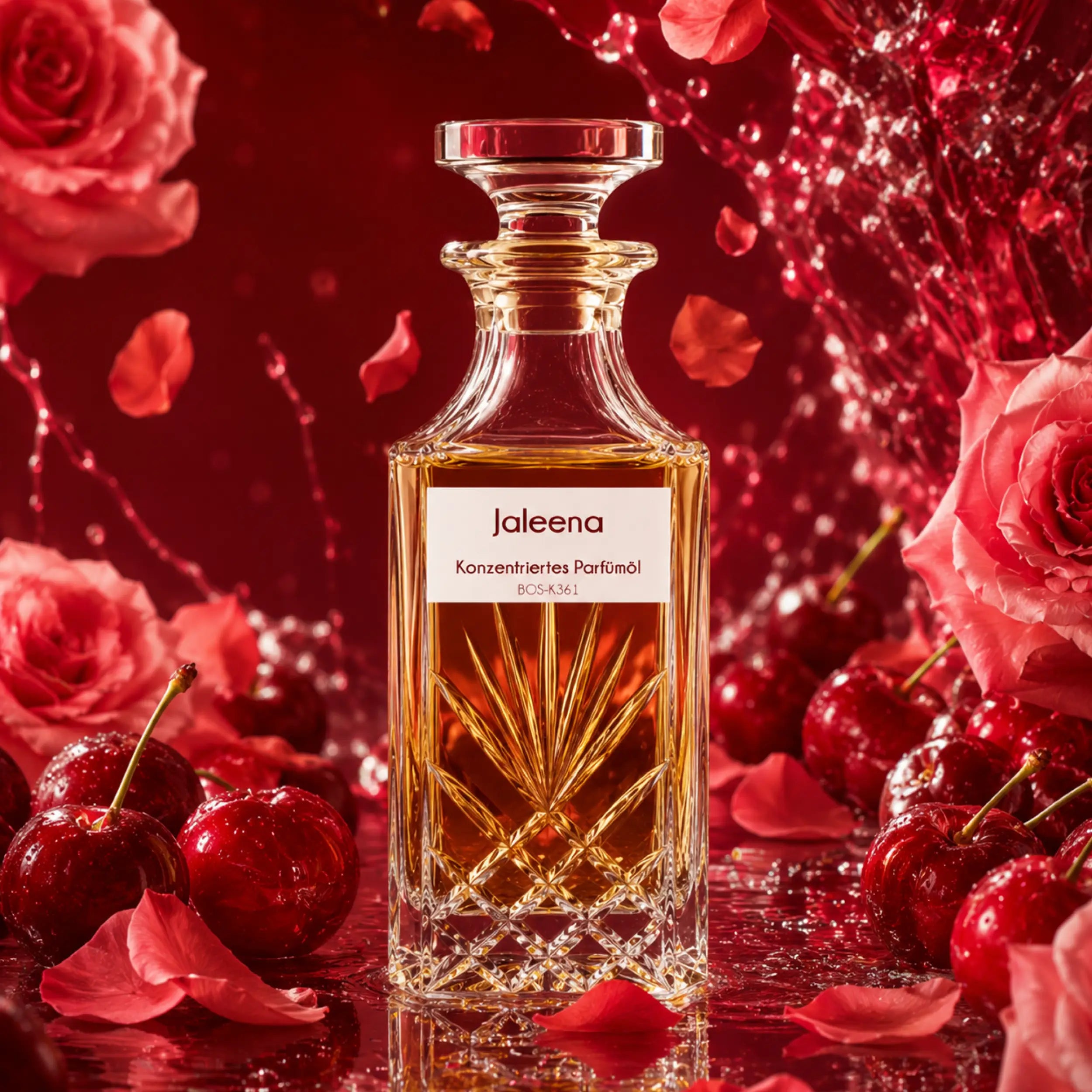 Jaleena Kirsch Parfümöl von Sultan Essancy in luxuriöser Duftinszenierung mit roten Kirschen, Rosenblüten und süßen roten Fruchtnoten
