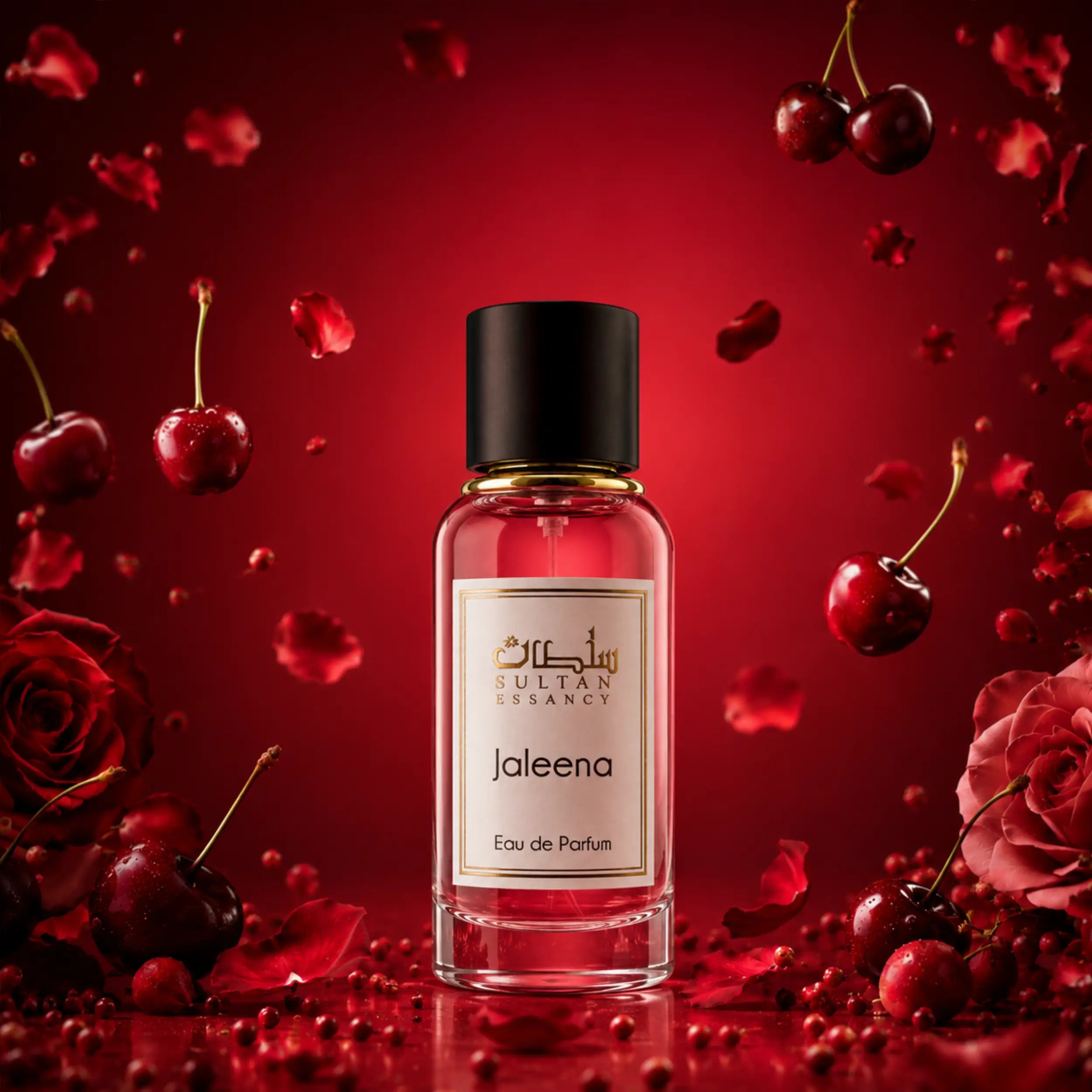 Jaleena Sultan Essancy Eau de Parfum Flakon in roter Duftinszenierung mit Kirsche, Rosenblüten und roten Früchten, süß-fruchtiger Unisex Duft
