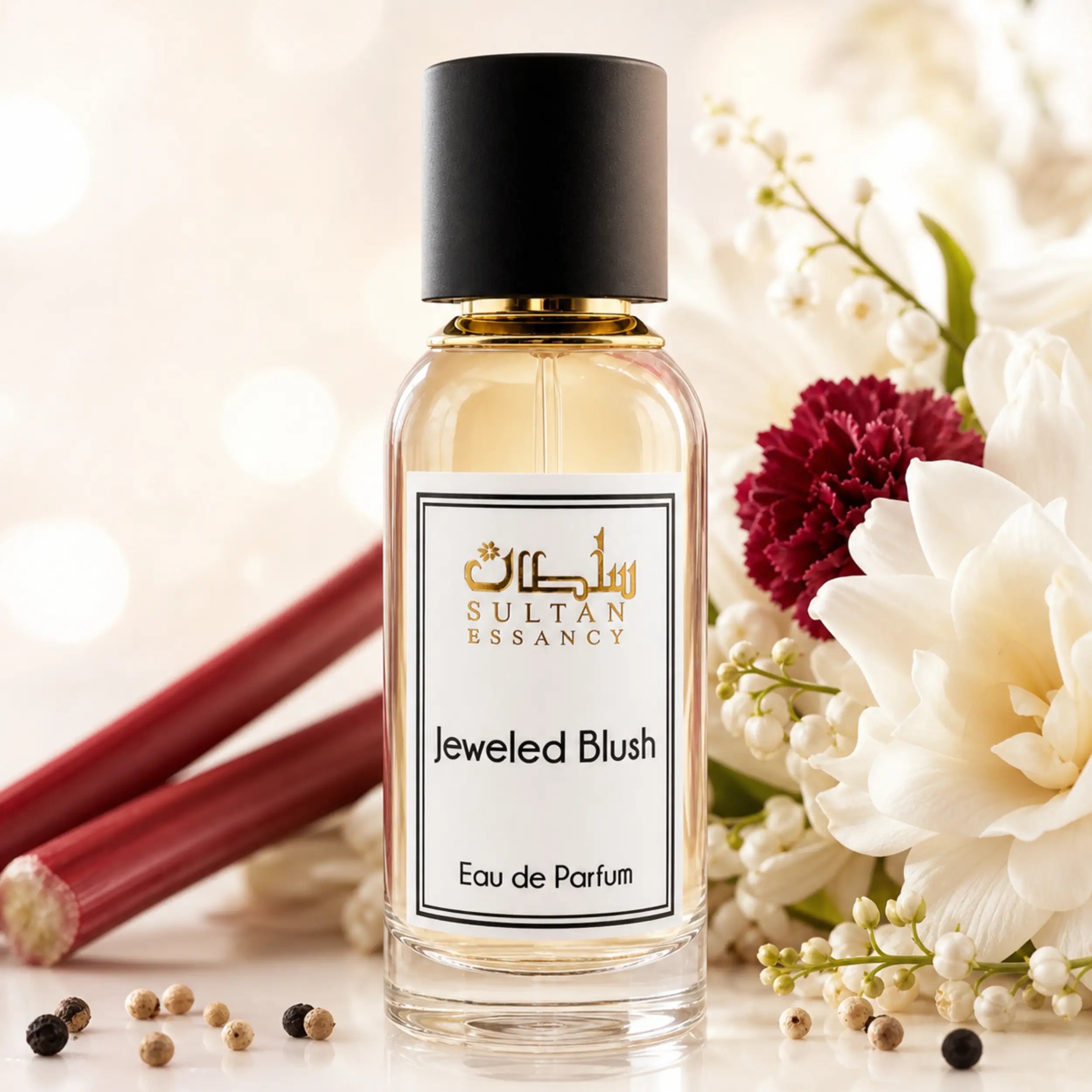 Jeweled Blush Duftzwilling für Damen von Sultan Essancy, inszeniert mit Rhabarber, cremefarbenen Blüten und Gewürzen

