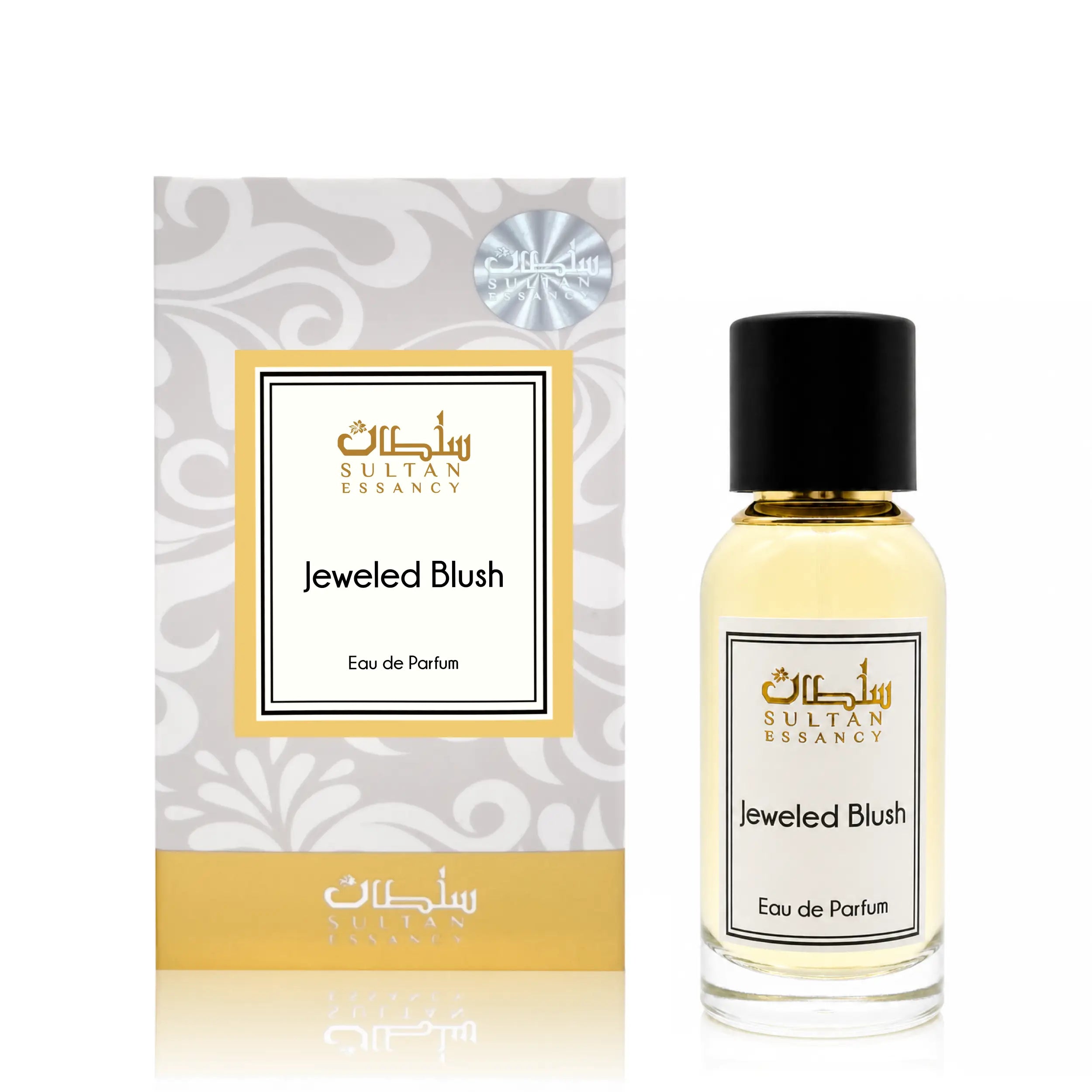 Jeweled Blush Eau de Parfum von Sultan Essancy mit Glasflakon und Verpackung auf weißem Hintergrund