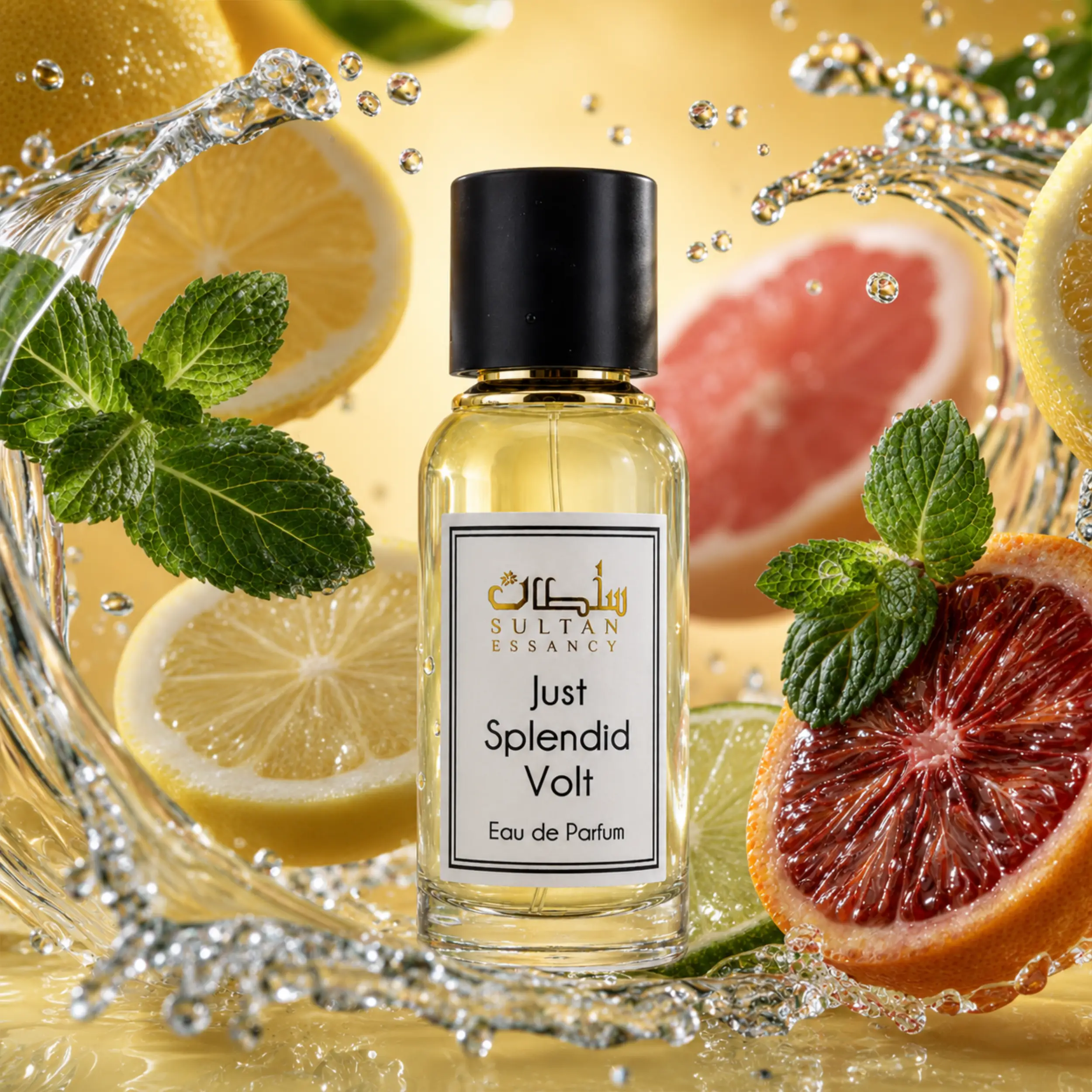 Just Splendid Volt von Sultan Essancy Eau de Parfum für Herren, zitrisch-frischer Duftzwilling mit Bergamotte, Blutorange, Limette, Grapefruit, Moschus und Eichenmoos in dynamischer Zitrus-Wasserkulisse
