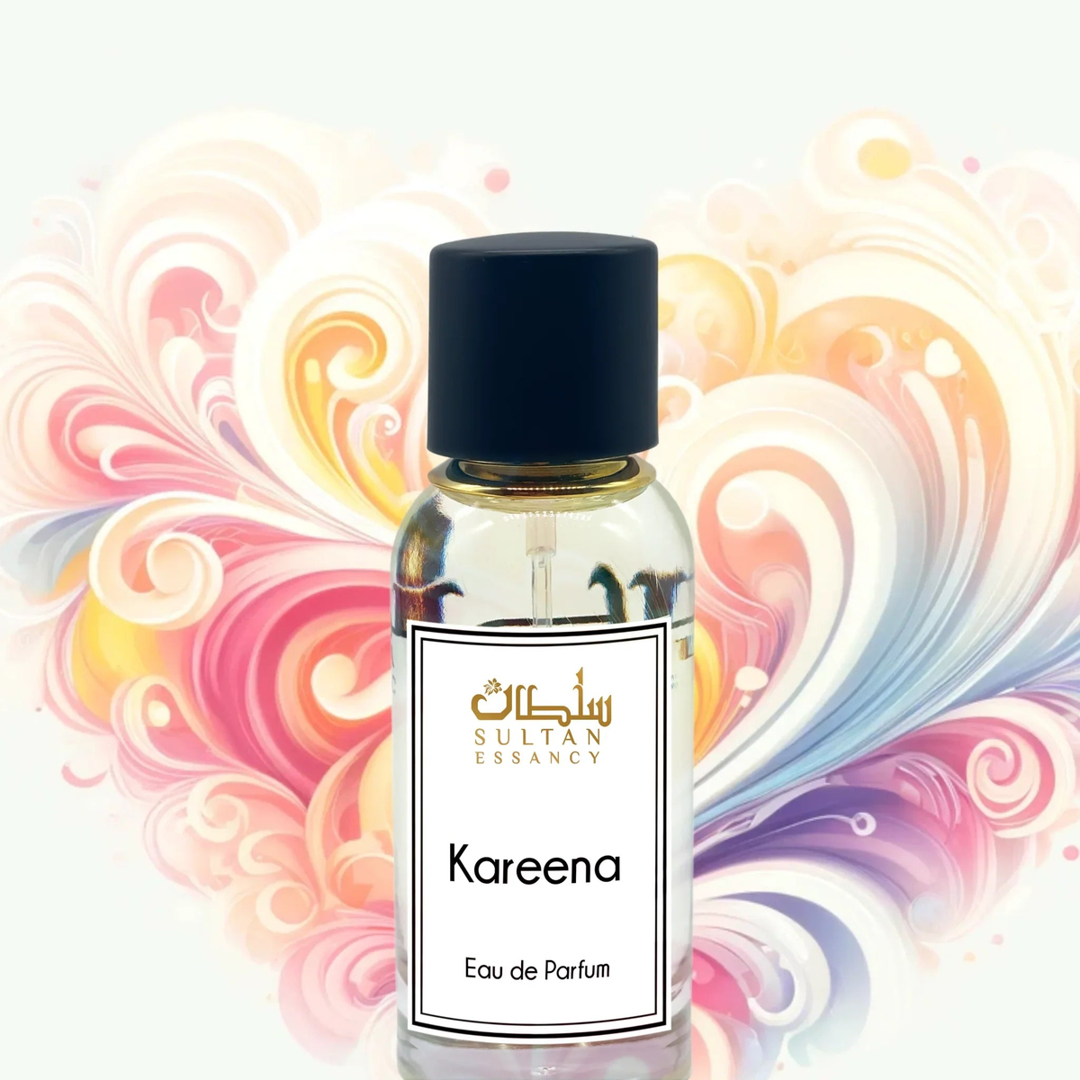 Kareena Eau de Parfum vor farbenfrohem floralem Hintergrund