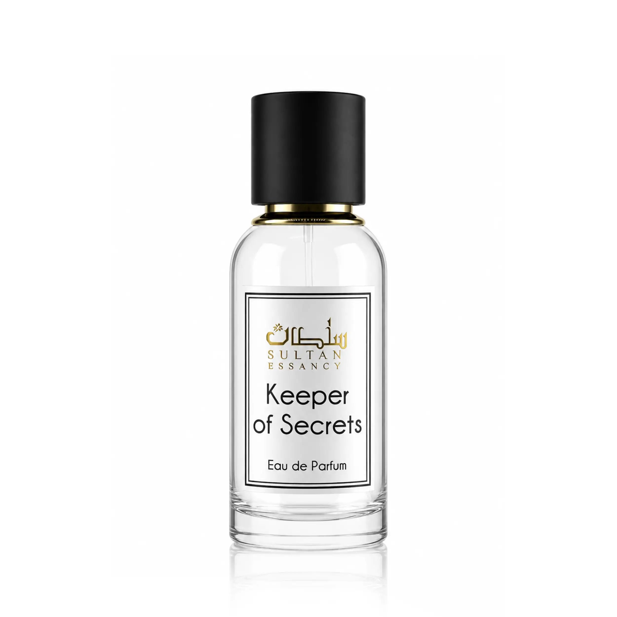 Keeper of Secrets von Sultan Essancy Eau-de-Parfum-Flakon auf weißem Hintergrund, hautnaher Moschusduft mit Birne, Ambrette, Iso E Super und Cetalox