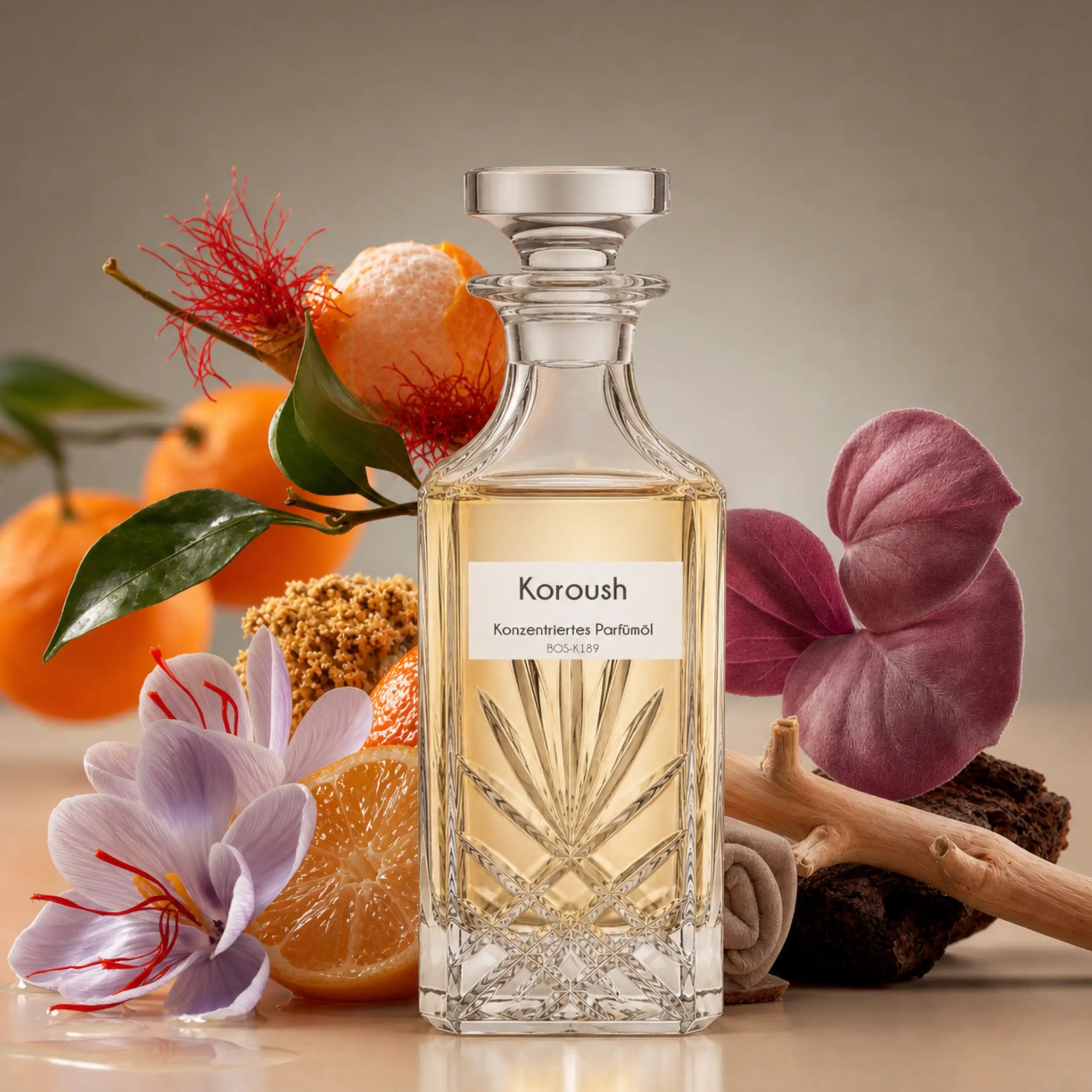 Koroush von Sultan Essancy konzentriertes Parfümöl im Moodbild mit Safran, Mandarine, Wildleder und holzigen Noten