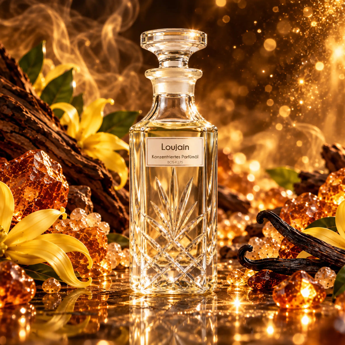 Loujain Sultan Essancy Parfümöl in einer warmen Duftszene mit Harzen, dunklem Holz, Ylang-Ylang und Vanille – balsamisch, holzig und ambery