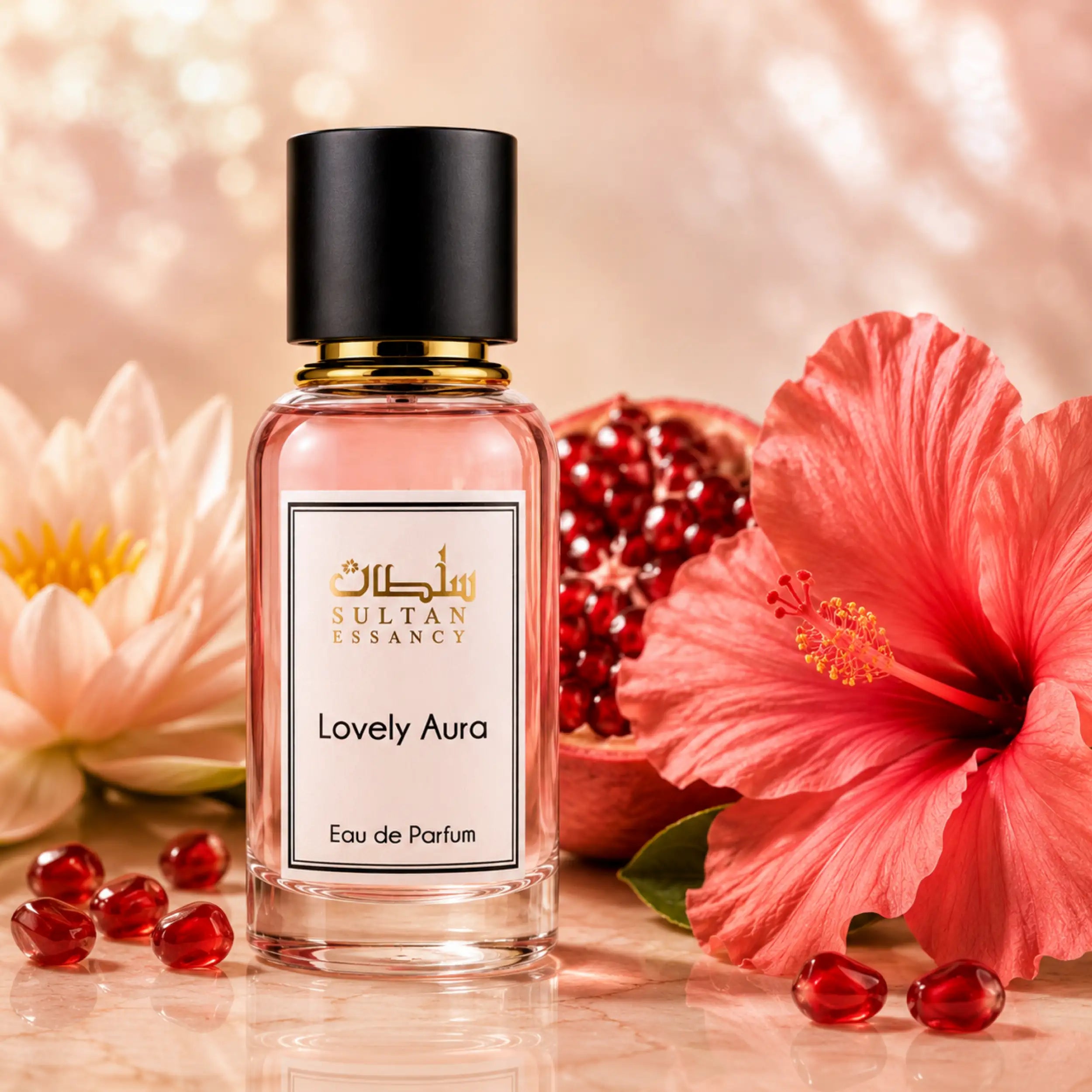 Lovely Aura Eau de Parfum von Sultan Essancy in fruchtig-floraler Duftinszenierung mit Granatapfel, Hibiskusblüte und sanftem rosafarbenem Hintergrund