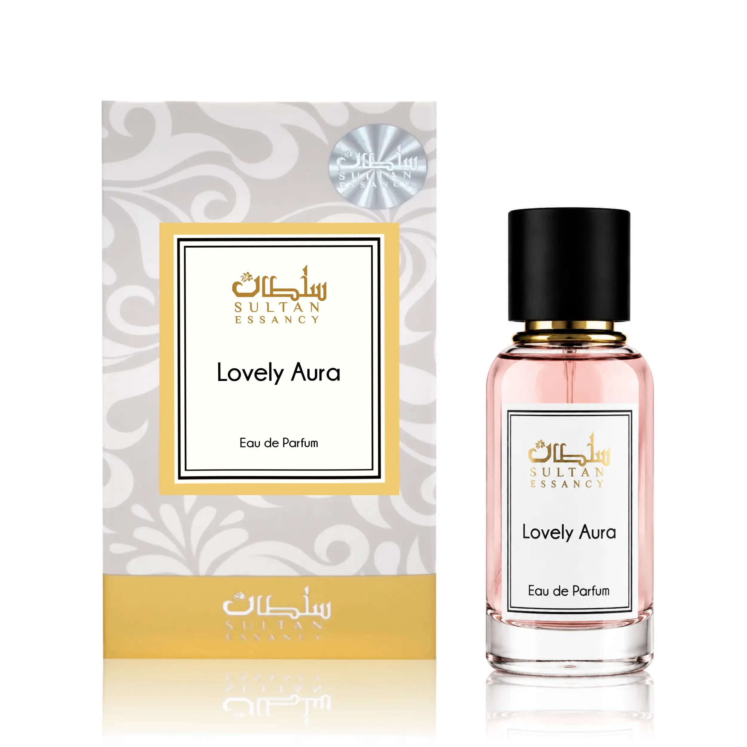 Lovely Aura Eau de Parfum von Sultan Essancy mit Parfümflakon und Originalverpackung auf weißem Hintergrund