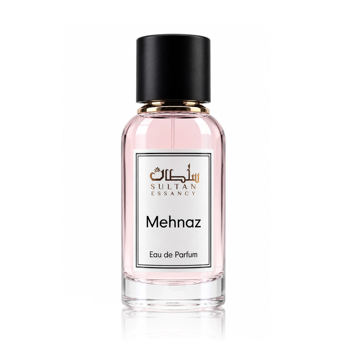Mehnaz von Sultan Essancy – Unisex Eau de Parfum im transparenten hellrosa Glasflakon mit schwarzem Verschluss
