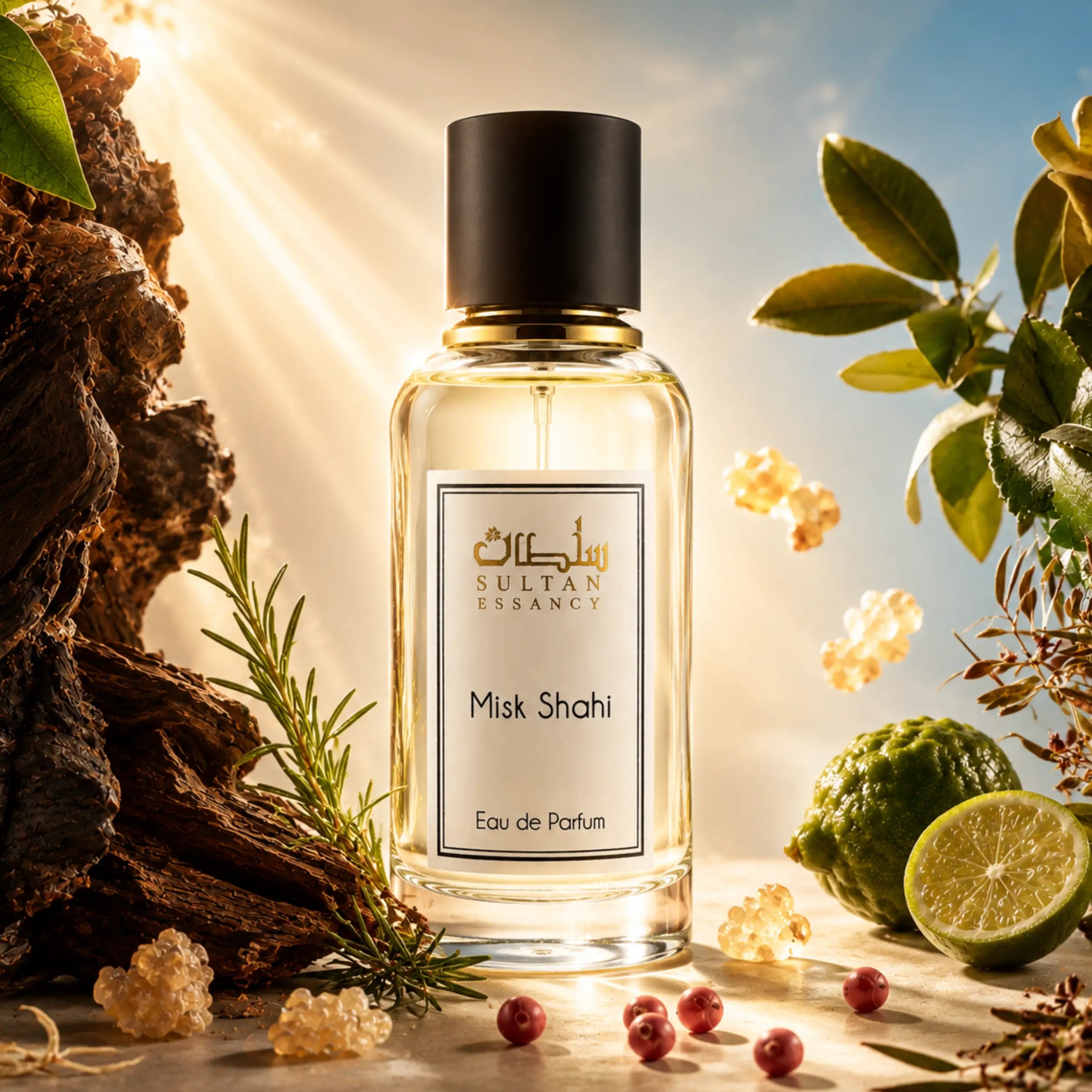 Misk Shahi von Sultan Essancy Eau de Parfum im transparenten Glasflakon mit Oud-Holz, Bergamotte, Rosmarin, Amber und rosa Pfeffer in heller luxuriöser Duftinszenierung
