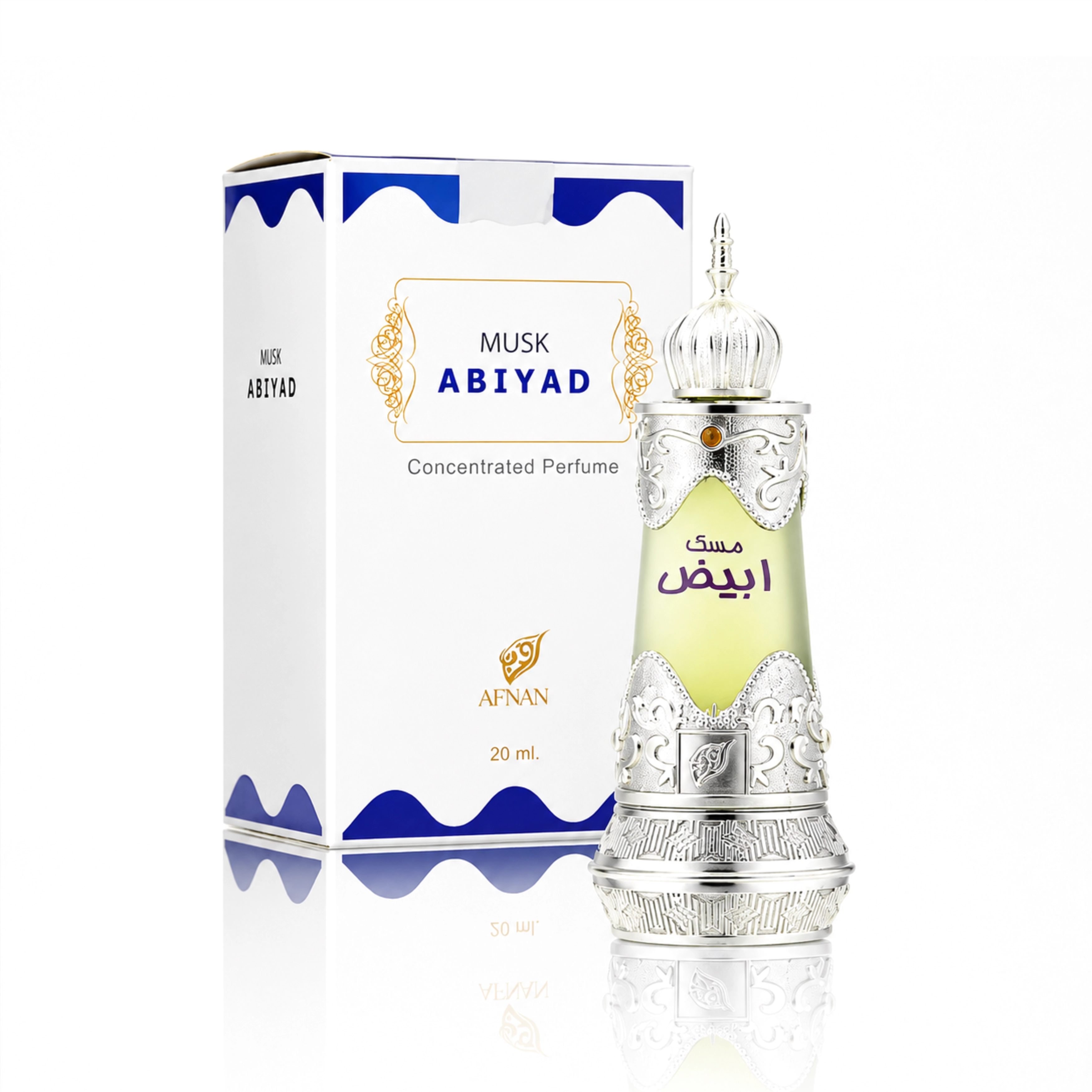 Musk Abiyad von Afnan White Musk Parfümöl 20 ml mit dekorativem Flakon und Verpackung, pudriger Unisex-Duft mit Rose und Sandelholz