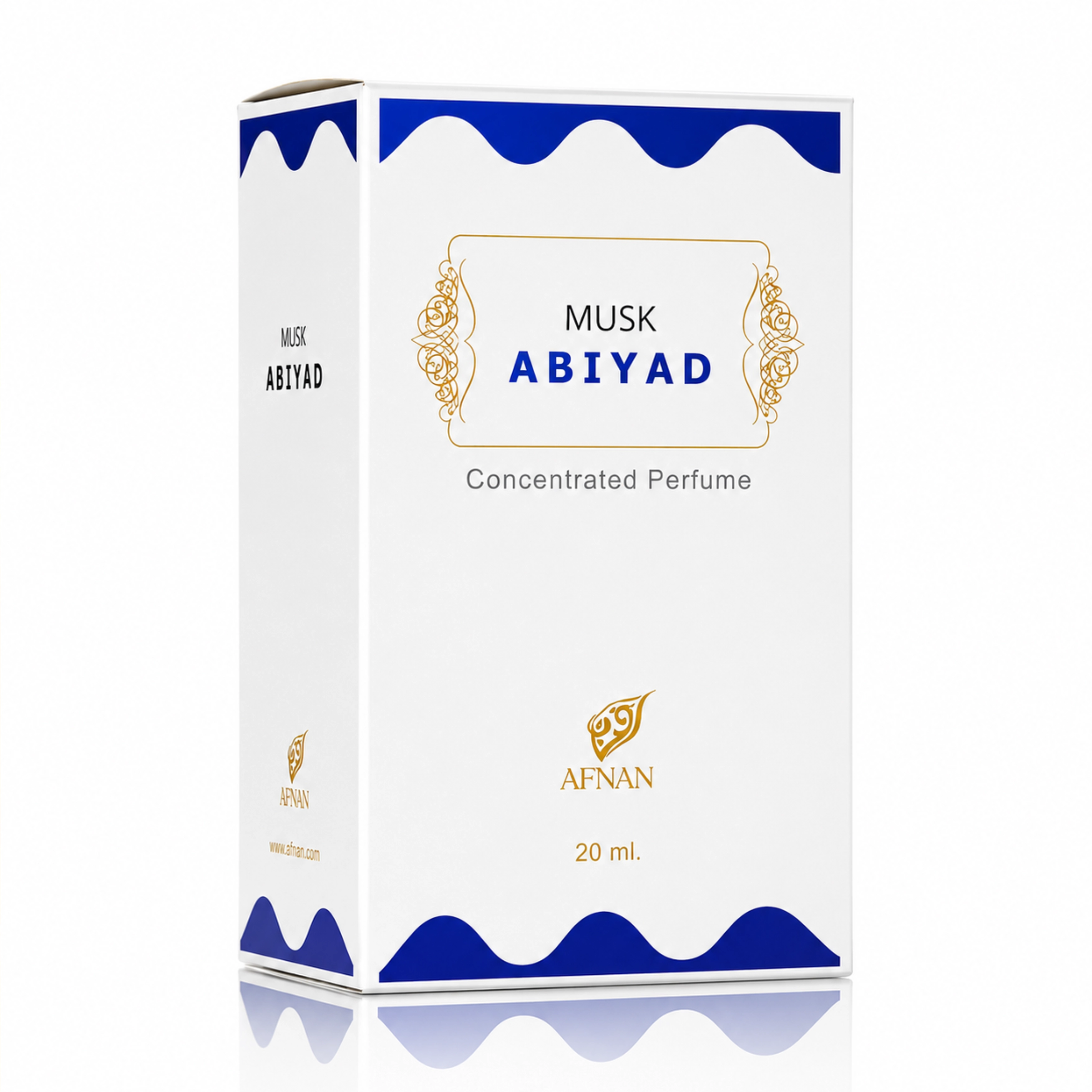 Verpackung von Musk Abiyad White Musk Parfümöl 20 ml von Afnan, sauberer pudriger Moschusduft für Damen und Herren