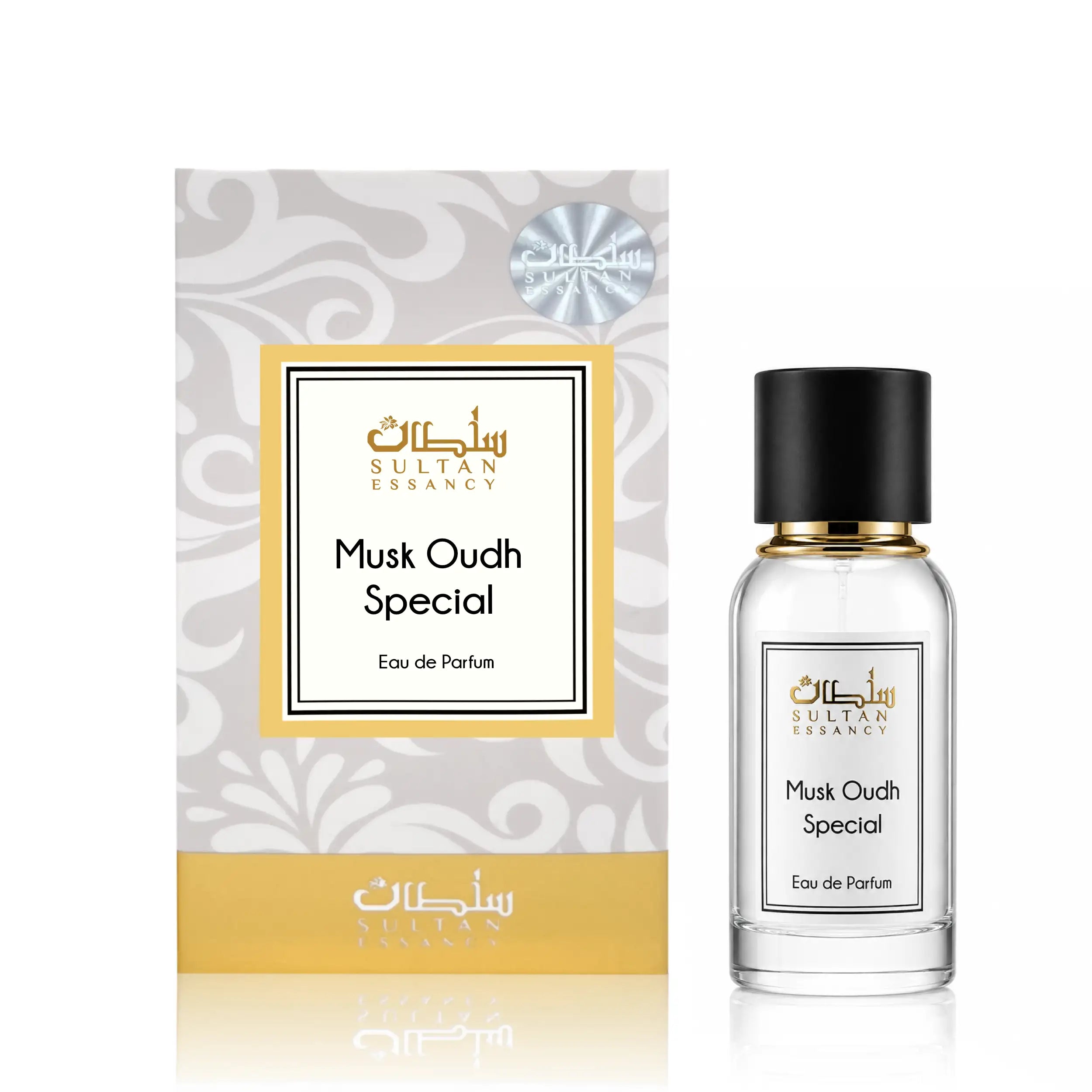 Musk Oudh Special Eau de Parfum von Sultan Essancy mit Verpackung und Glasflakon, aromatischer Unisex-Duft mit Oudh, Moschus, Myrrhe und schwarzem Pfeffer.

