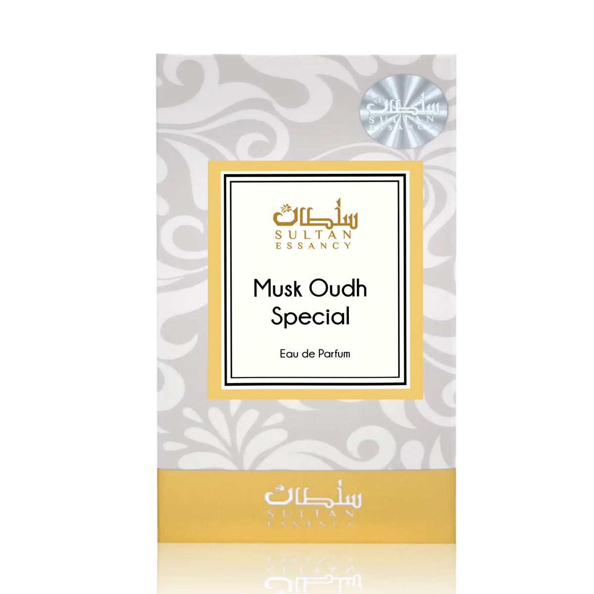 Verpackung von Musk Oudh Special Eau de Parfum von Sultan Essancy, cremig-pudriger Oudh-Moschus-Duft mit Myrrhe, Blüten und schwarzem Pfeffer.
