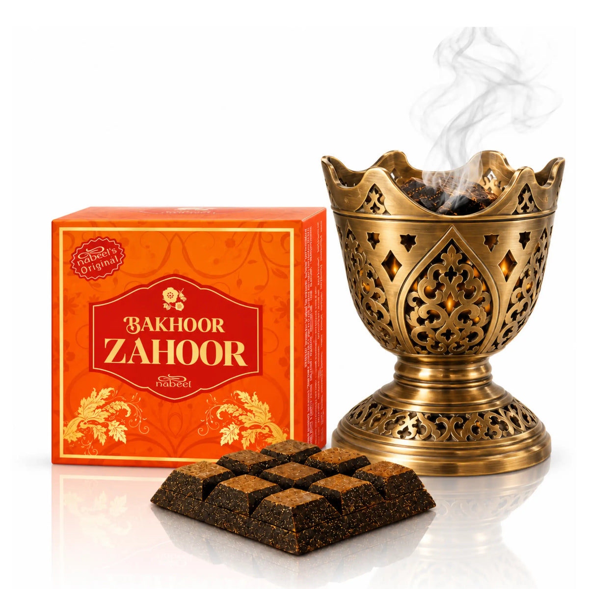 Nabeel Bakhoor Zahoor 40 g – arabisches Räucherwerk mit Duftstücken und goldenem Räucherhalter, aus dem feiner Rauch aufsteigt.