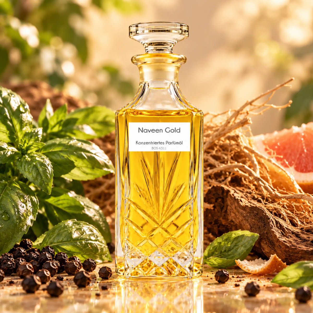 Naveen Gold Sultan Essancy Parfümöl in einer grün-würzigen Duftszene mit Basilikum, schwarzem Pfeffer, Grapefruit, Vetiver und holzig-erdigen Noten