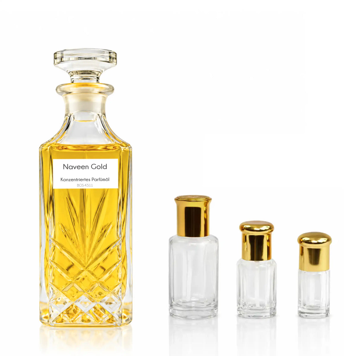 Naveen Gold Sultan Essancy konzentriertes Unisex-Parfümöl mit Kristallflakon und kleineren Glasflakons – frisch-würziger Duft mit Pfeffer und Vetiver