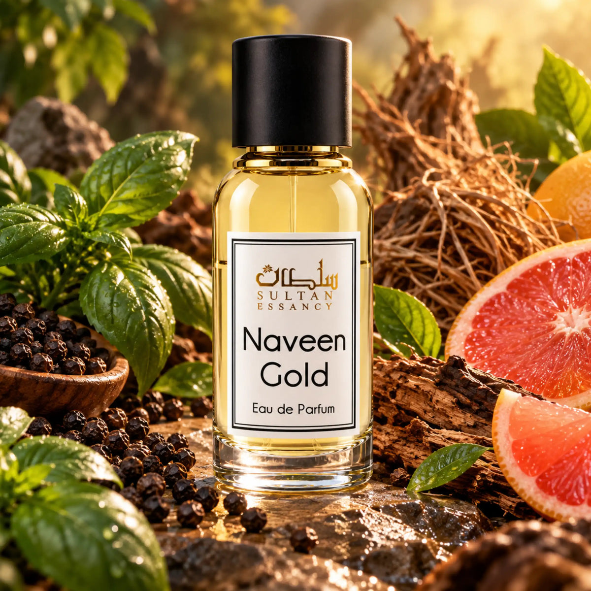 Naveen Gold Sultan Essancy Eau de Parfum Unisex mit Basilikum, schwarzem Pfeffer, Vetiver, Grapefruit und holzig-erdiger Duftkulisse