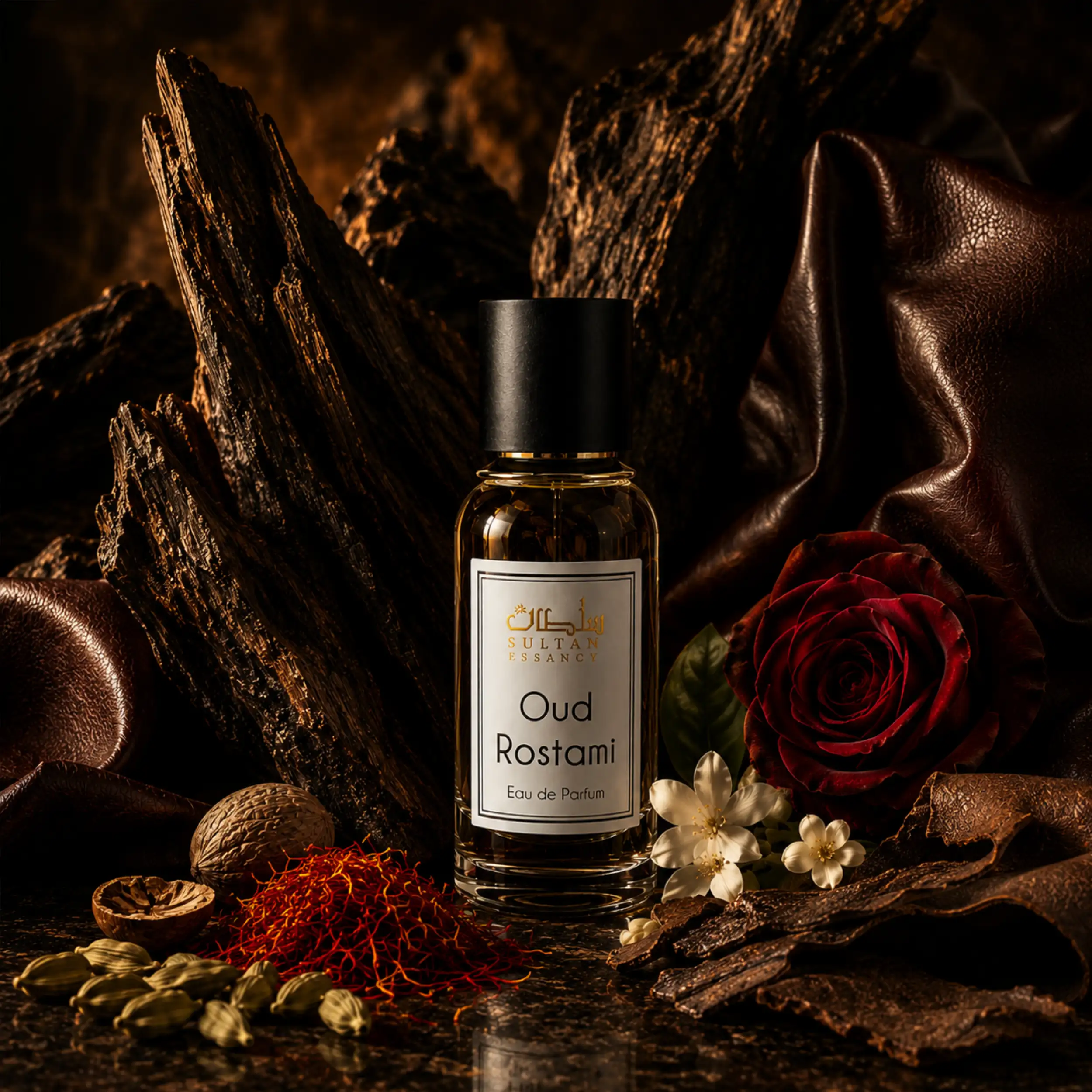 Oud Rostami von Sultan Essancy als Oud Stallion Duftalternative in einer dunklen Szene mit Oudholz, Leder, Safran, Rose und Jasmin
