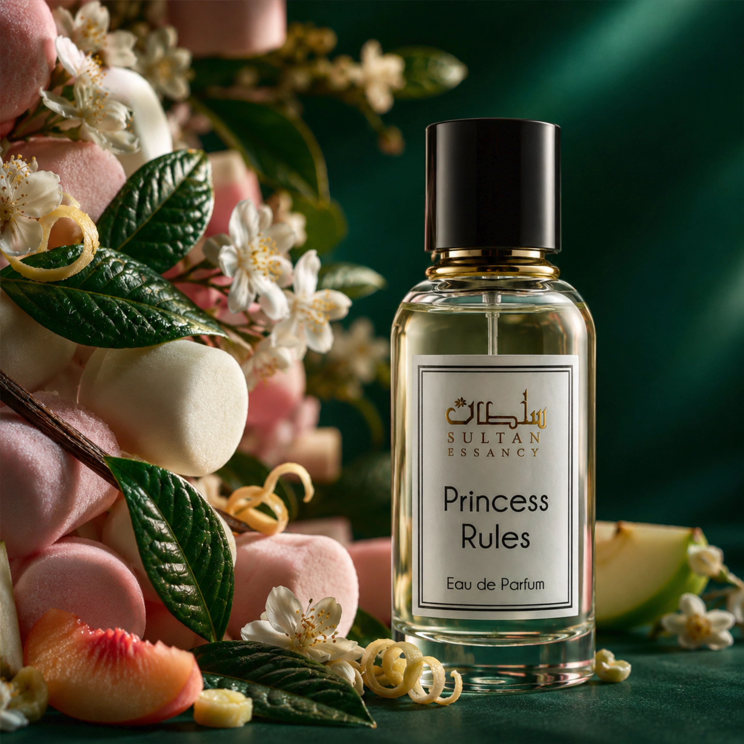 Princess Rules Eau de Parfum von Sultan Essancy, femininer Duftzwilling mit Marshmallow, grünem Tee, Vanille, Ingwer und Jasmin vor dunklem grünem Gourmand-Hintergrund

