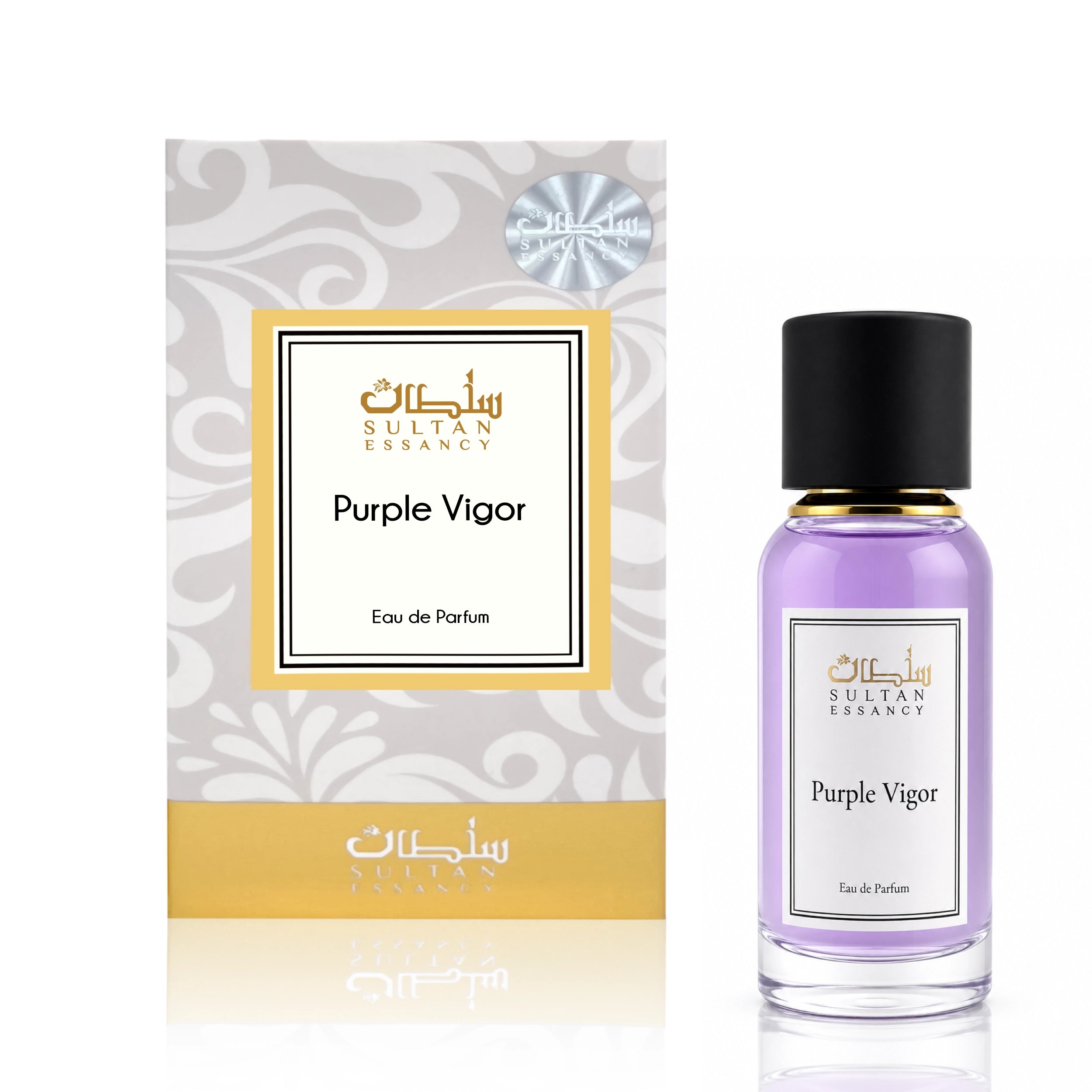 Purple Vigor Eau de Parfum für Herren von Sultan Essancy mit Flakon und Produktverpackung